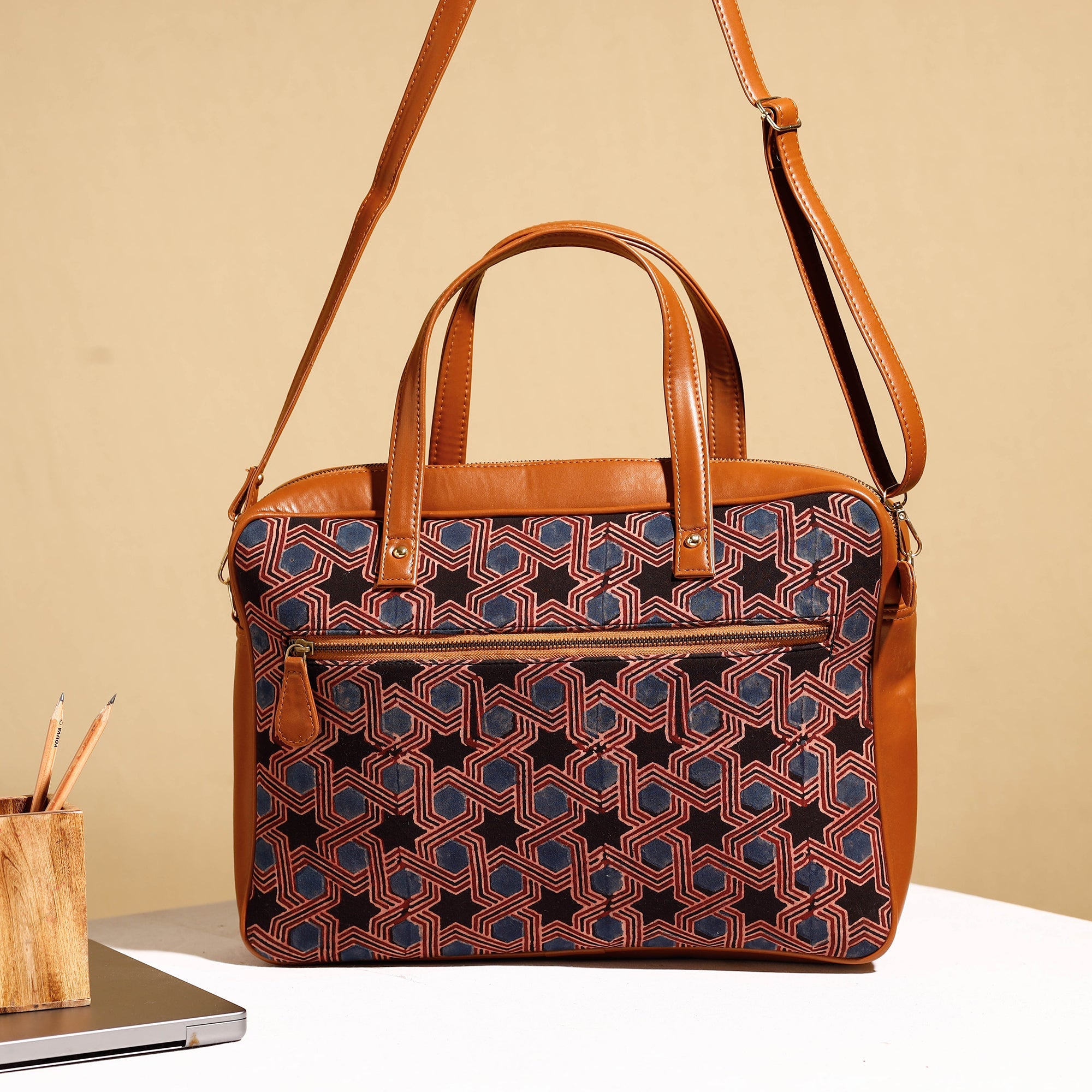  Handcrafted Ajrakh Block Printed Modal Silk Laptop Bag 