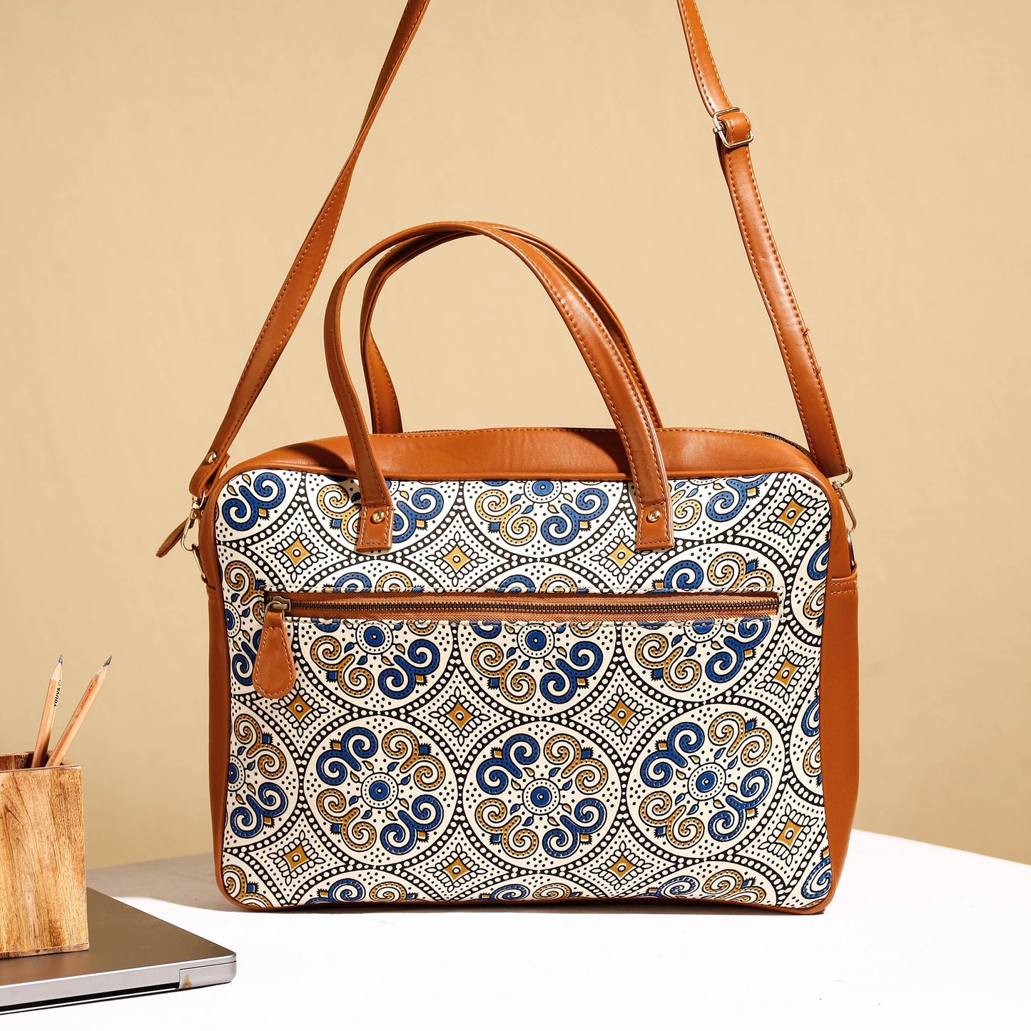  Handcrafted Ajrakh Block Printed Modal Silk Laptop Bag 
