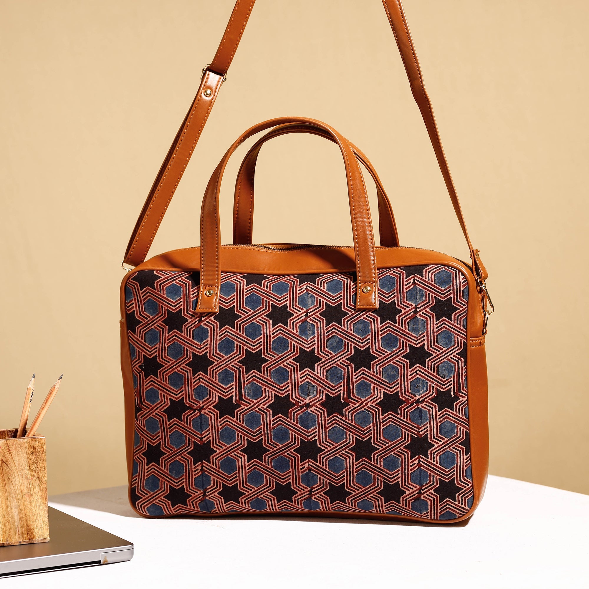  Handcrafted Ajrakh Block Printed Modal Silk Laptop Bag 