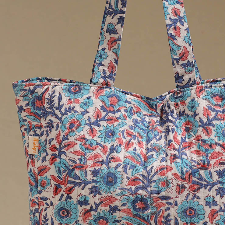 Handcrafted quilted sanganeri block printed fabric tote bag