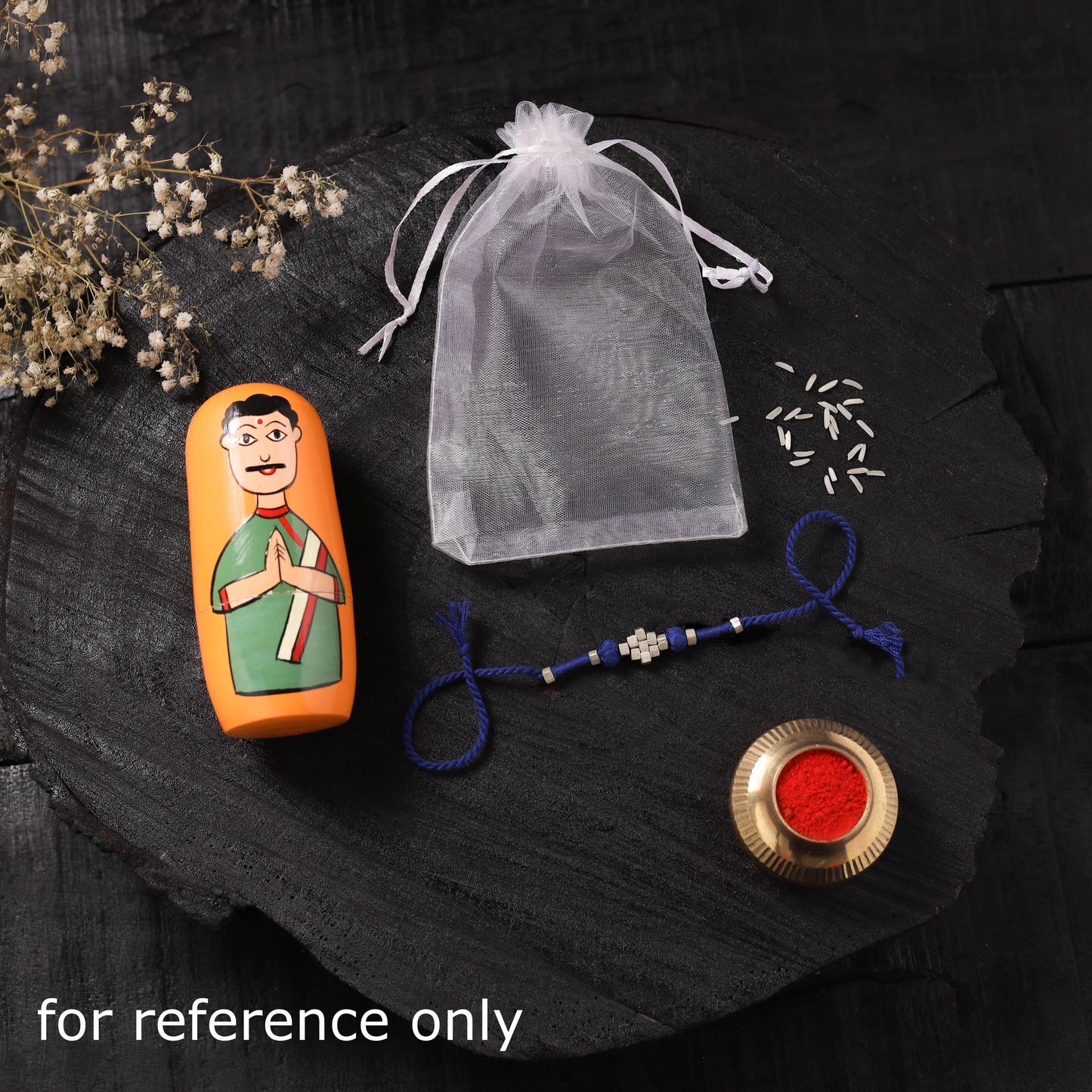 Blue - Handcrafted Tribal Dokra Brass Thread Rakhi with Banaras Wood Doll Box 41