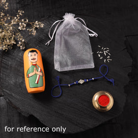 Blue - Handcrafted Tribal Dokra Brass Thread Rakhi with Banaras Wood Doll Box 41