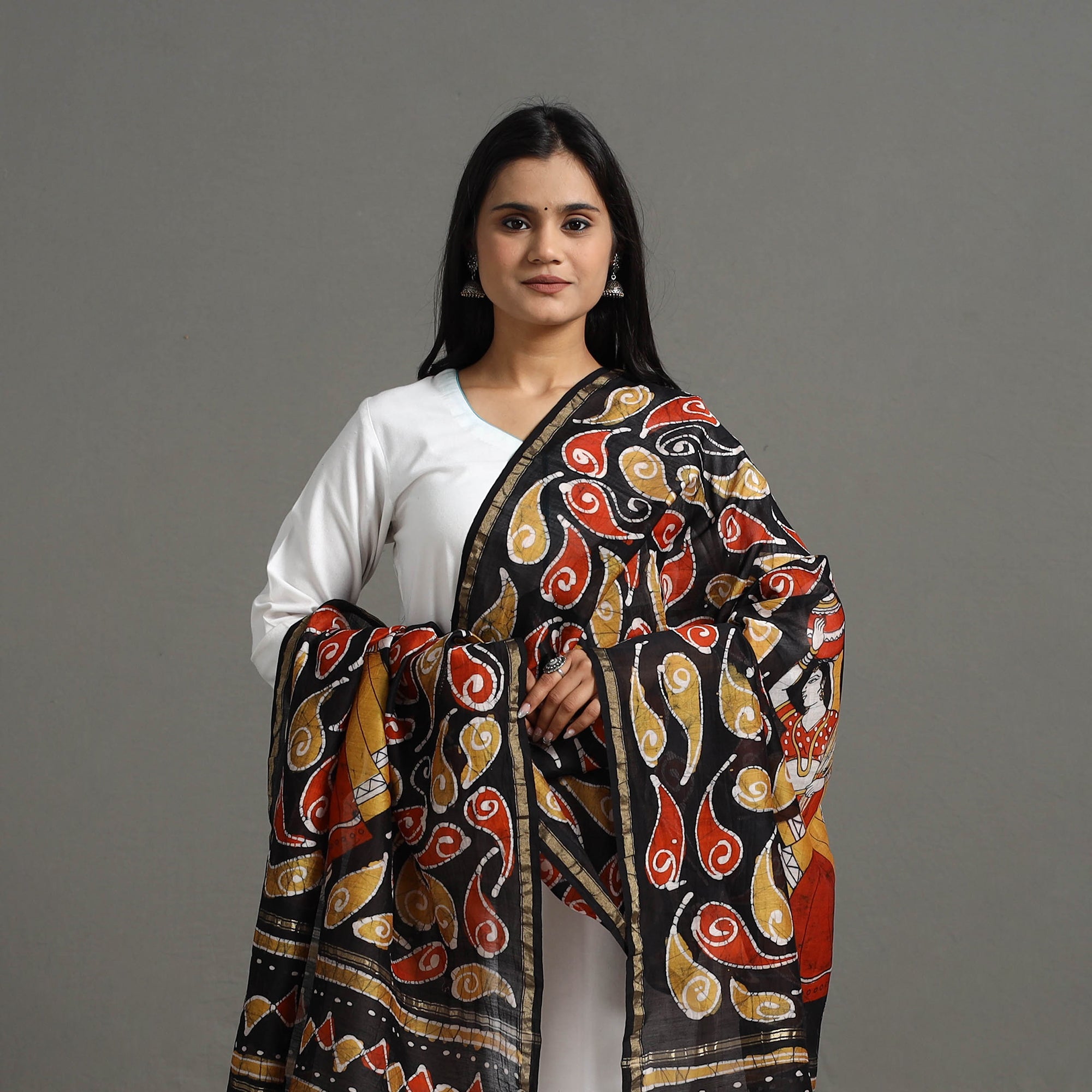 Multicolor - Handloom Chanderi Silk Hand Batik Printed Dupatta 02