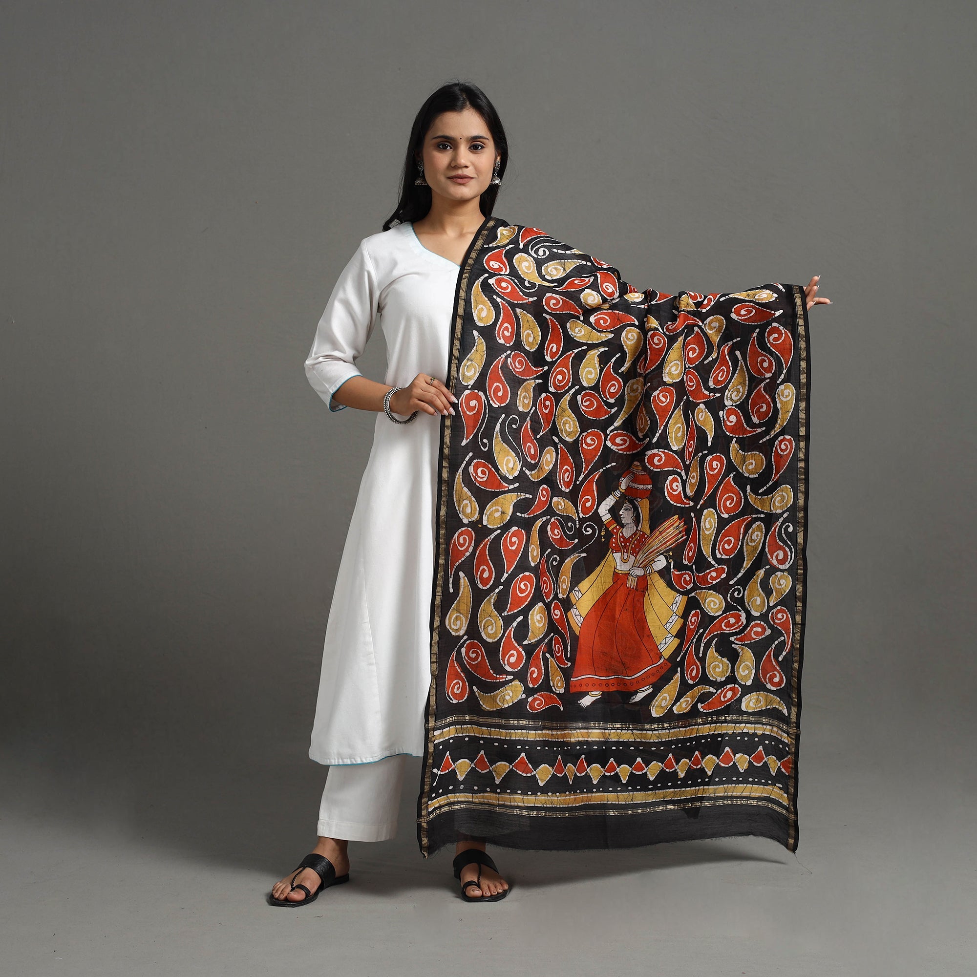 Multicolor - Handloom Chanderi Silk Hand Batik Printed Dupatta 02