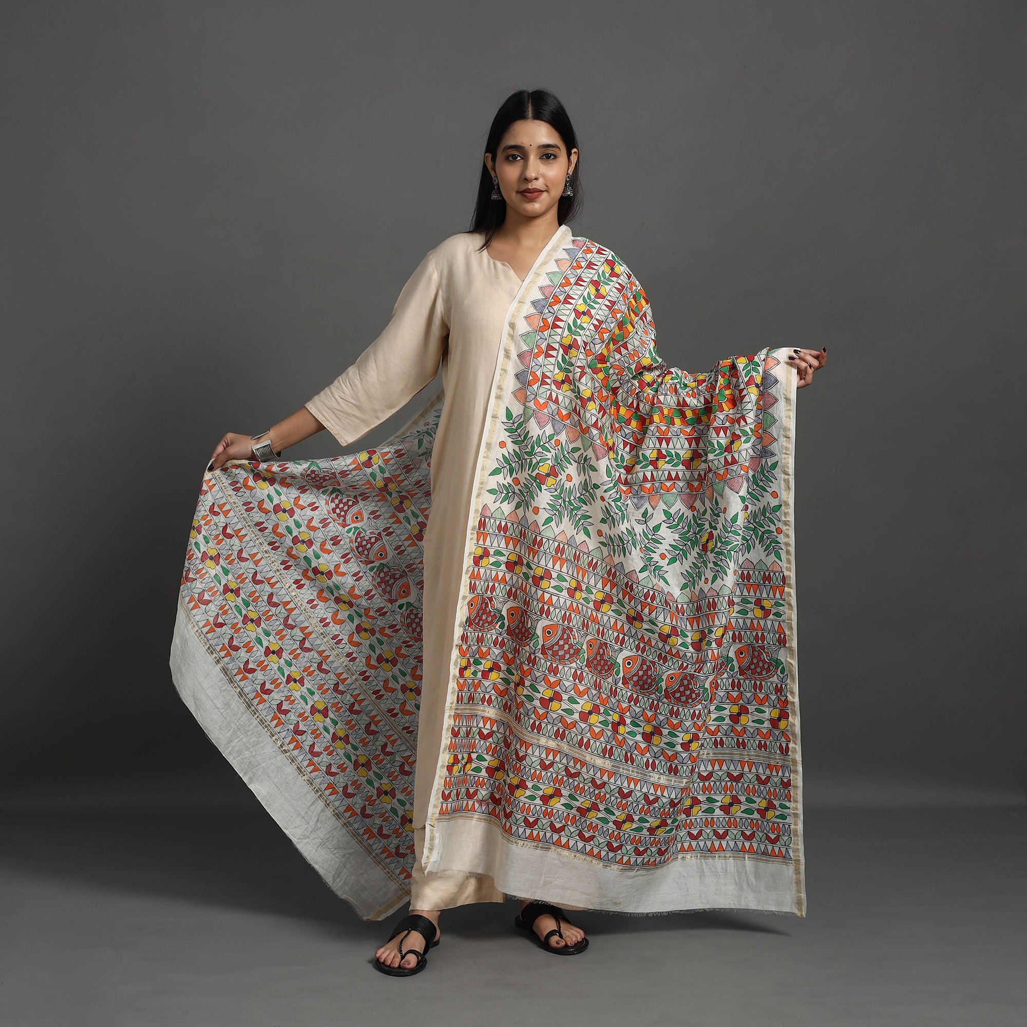 Multicolor - handloom chanderi silk handpainted madhubani