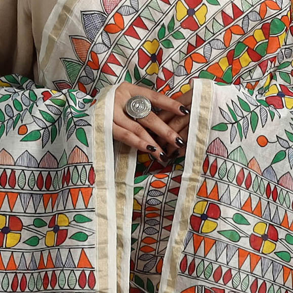 Multicolor - handloom chanderi silk handpainted madhubani