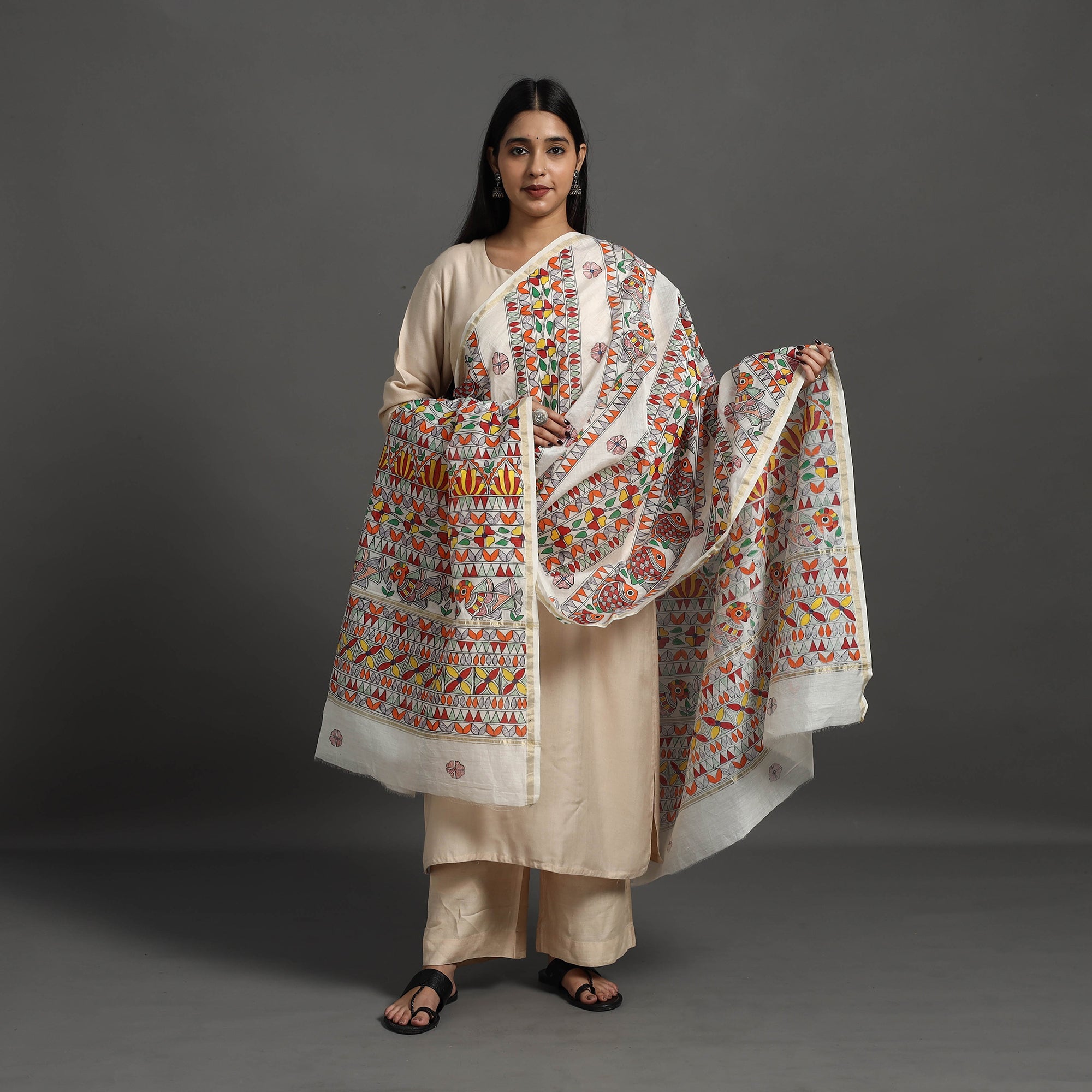 Multicolor - handloom chanderi silk handpainted madhubani