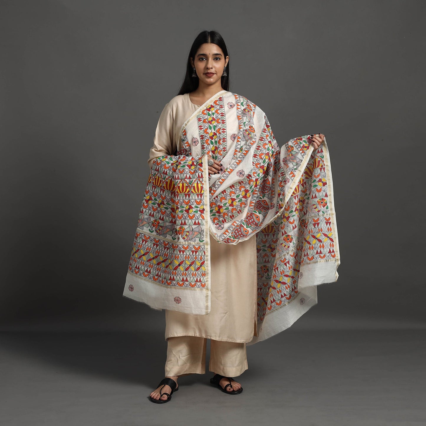 Multicolor - handloom chanderi silk handpainted madhubani
