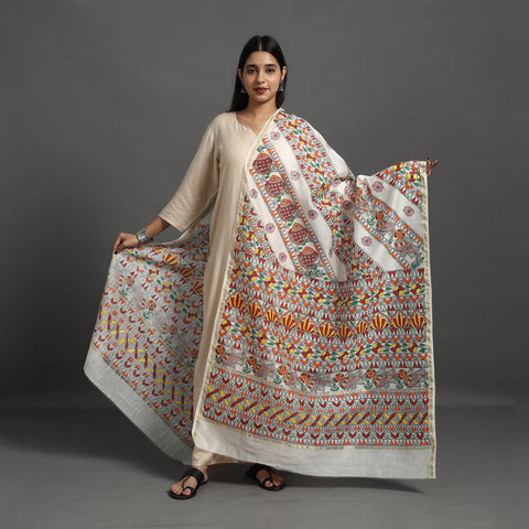 Multicolor Handloom Chanderi Silk Handpainted Madhubani Dupatta