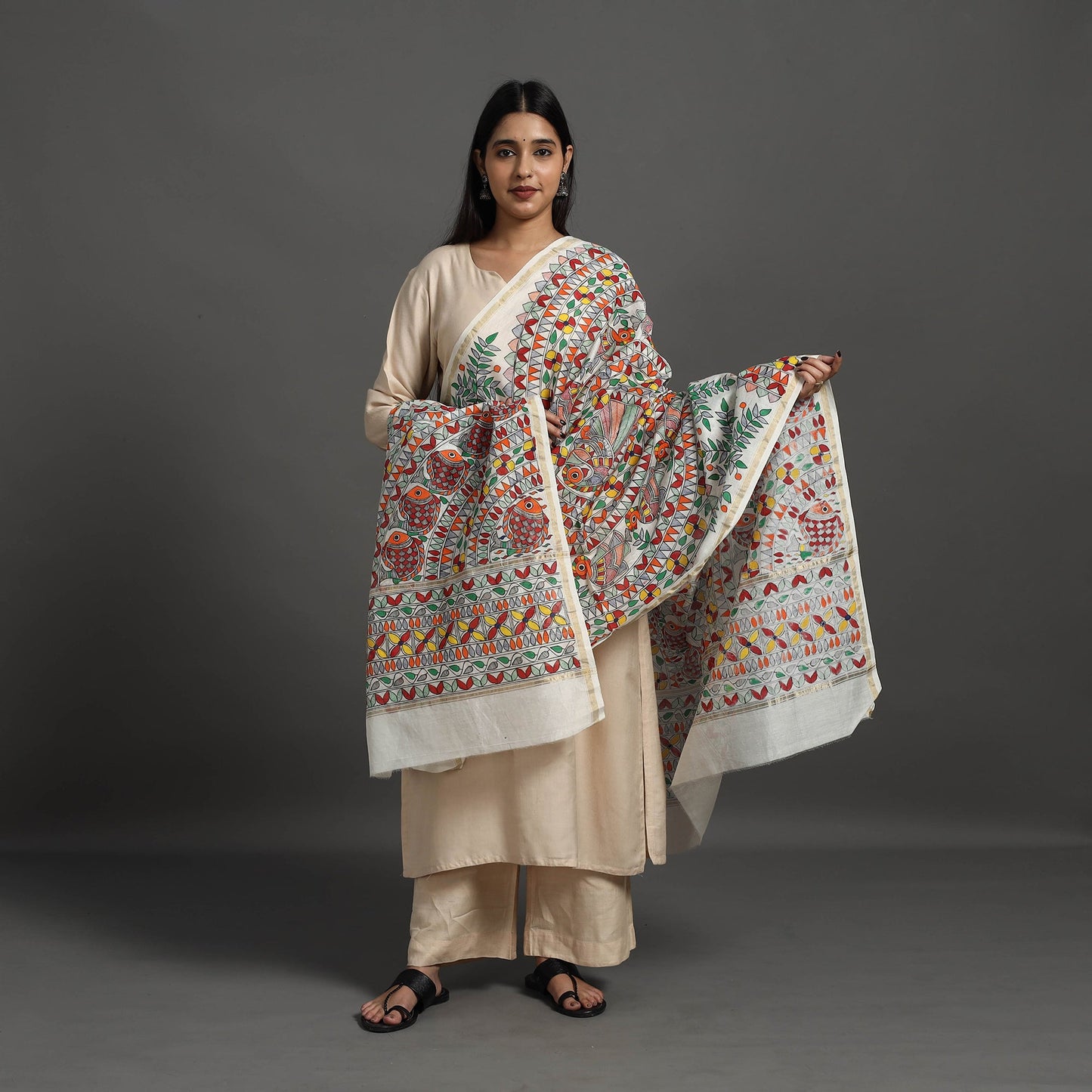 Multicolor - handloom chanderi silk handpainted madhubani