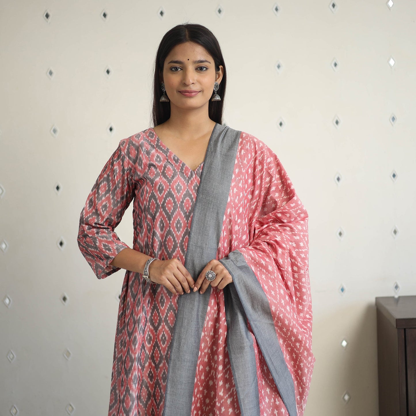 Multicolor Handloom Cotton Pochampally Ikat Kurta Set (Set of 3)