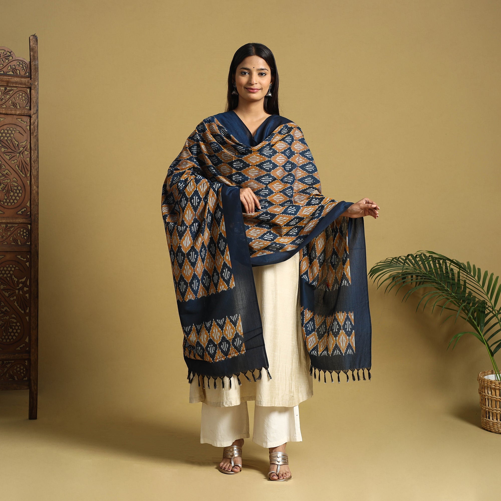 Multicolor Handloom Mercerized Cotton Pochampally Ikat Dupatta