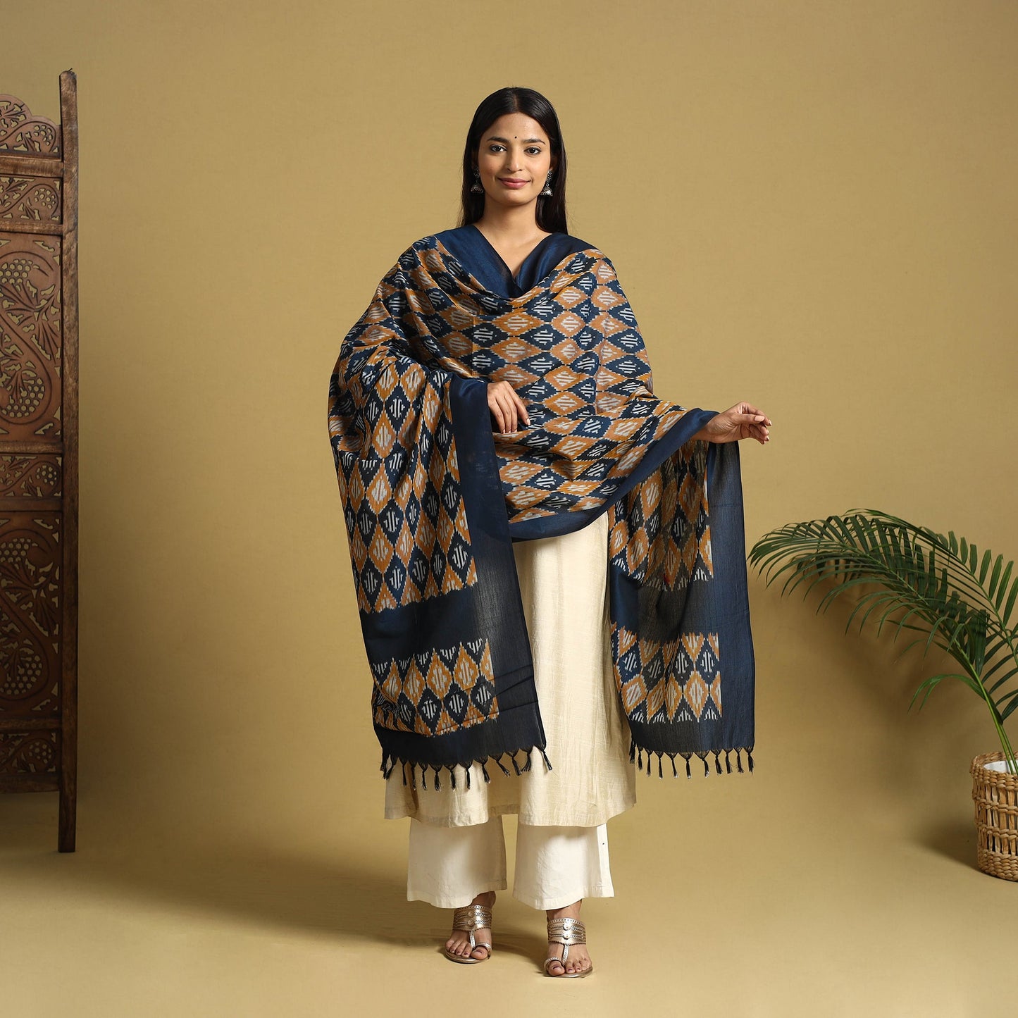 Multicolor Handloom Mercerized Cotton Pochampally Ikat Dupatta