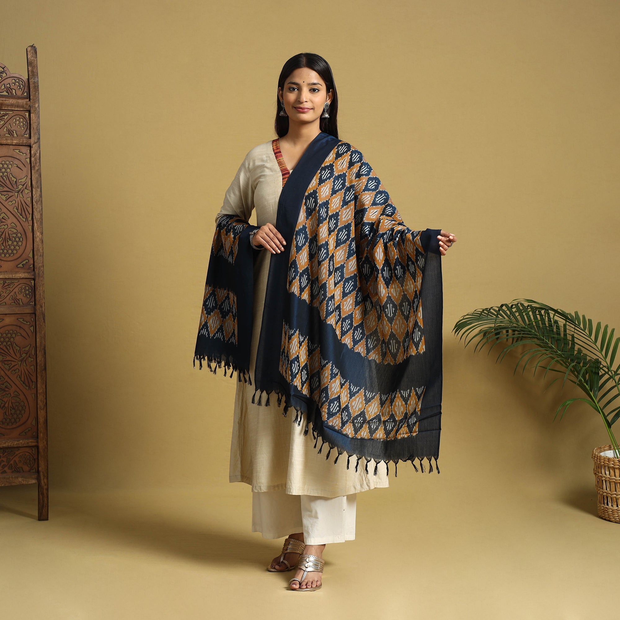 Multicolor Handloom Mercerized Cotton Pochampally Ikat Dupatta