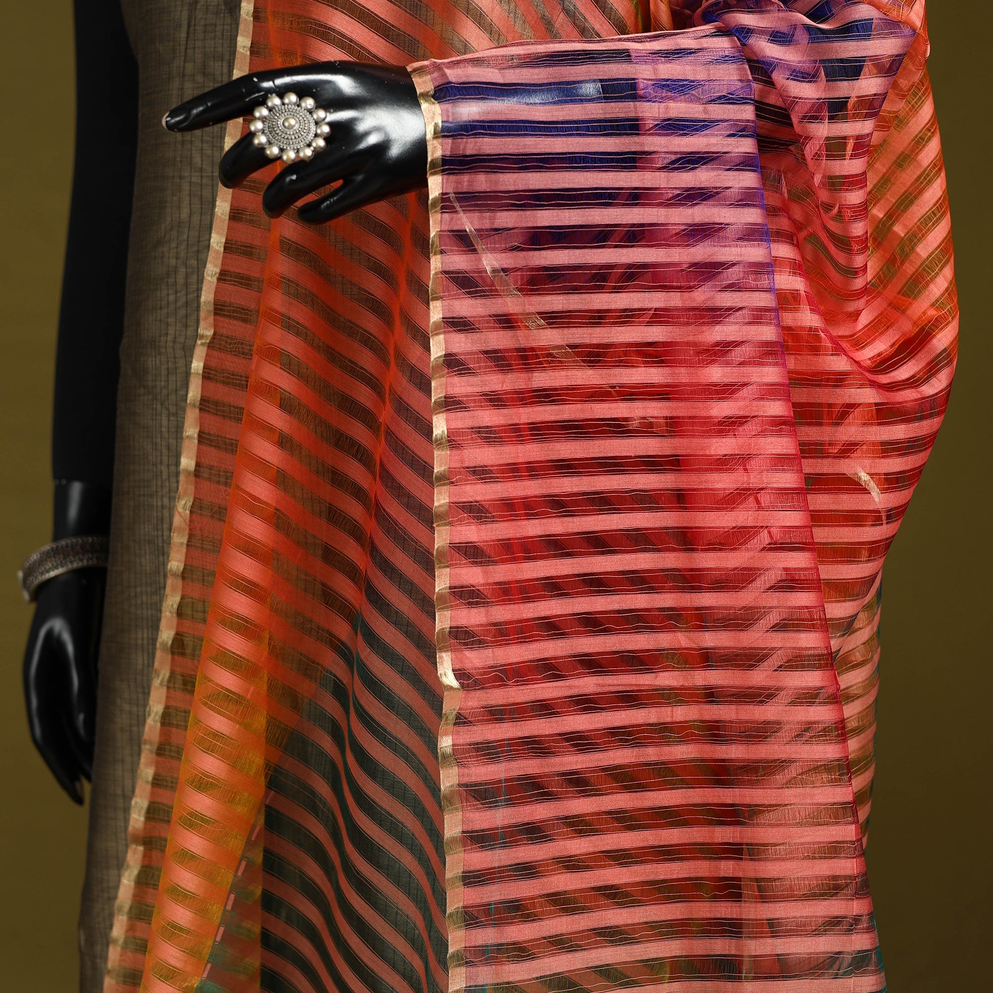 Handloom silk cotton missing weave stripes maheshwari