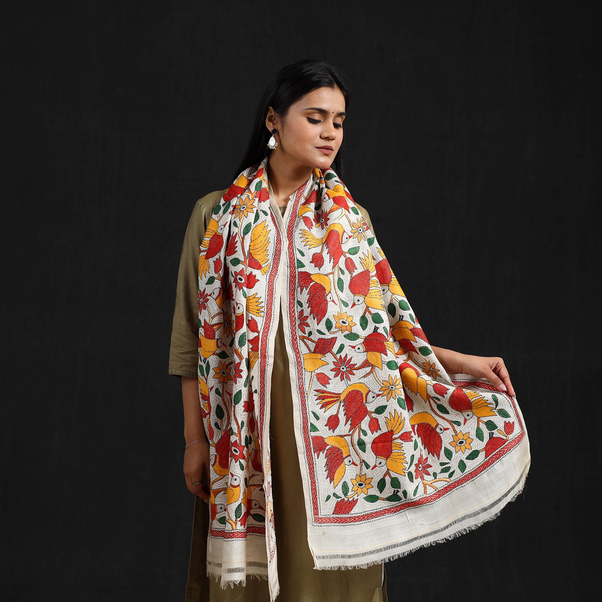 Multicolor - handloom tussar silk bengal kantha work stole