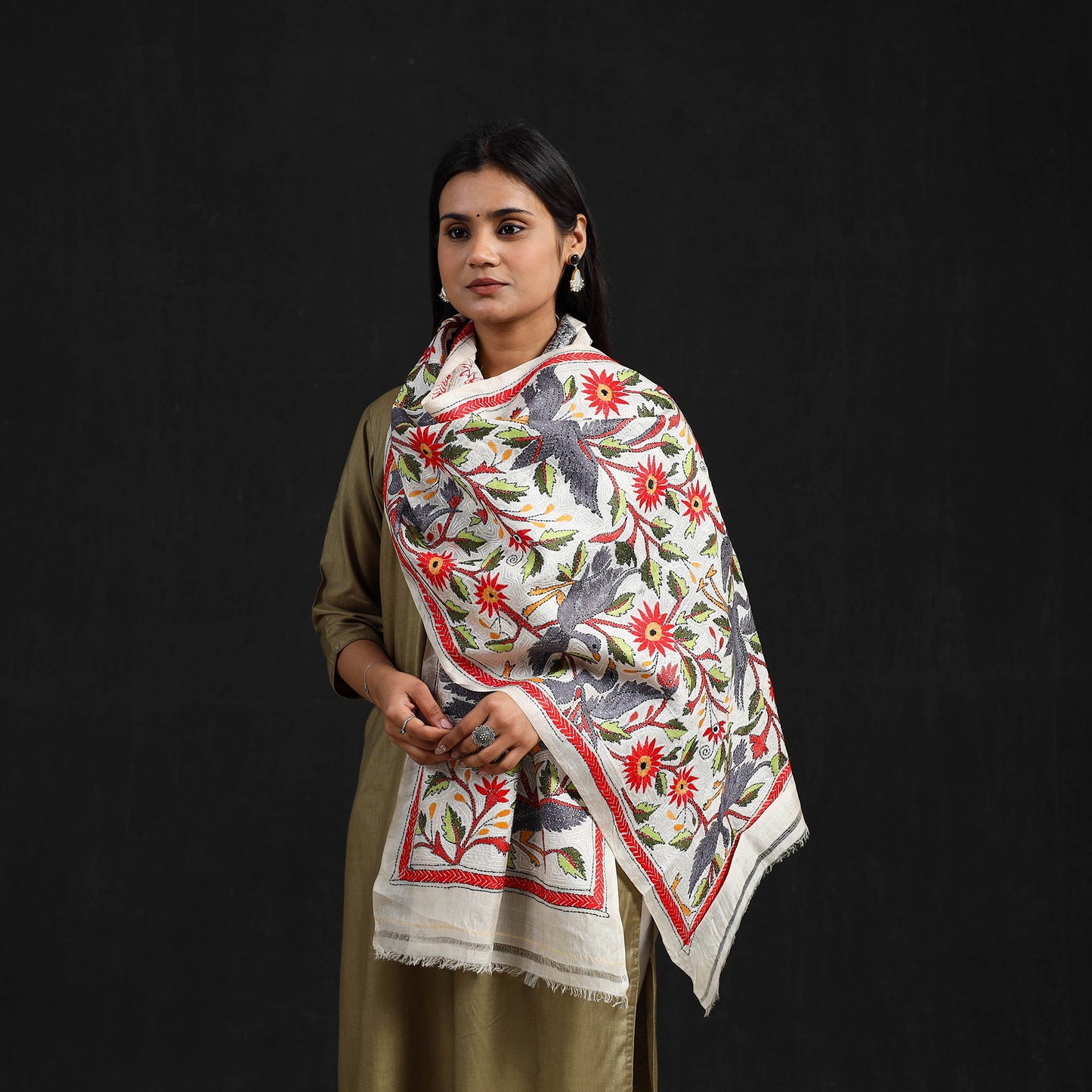 Buy Multicolor Handloom Tussar Silk Bengal Kantha Work Stole