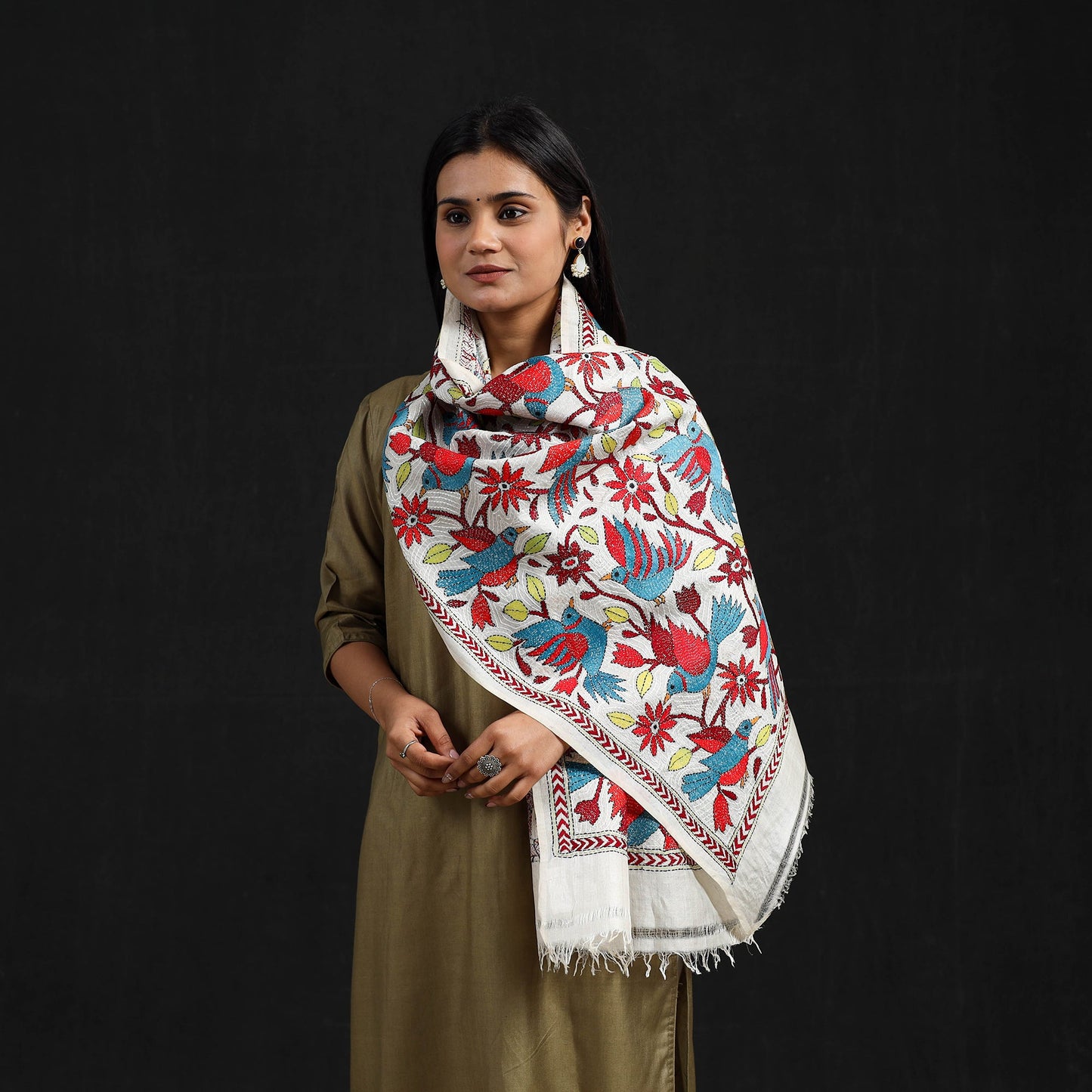 Buy Multicolor Handloom Tussar Silk Bengal Kantha Work Stole