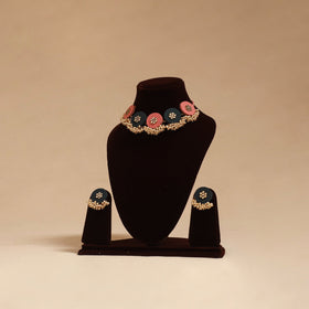 Handmade fabart choker necklace set with kundan & beads 05