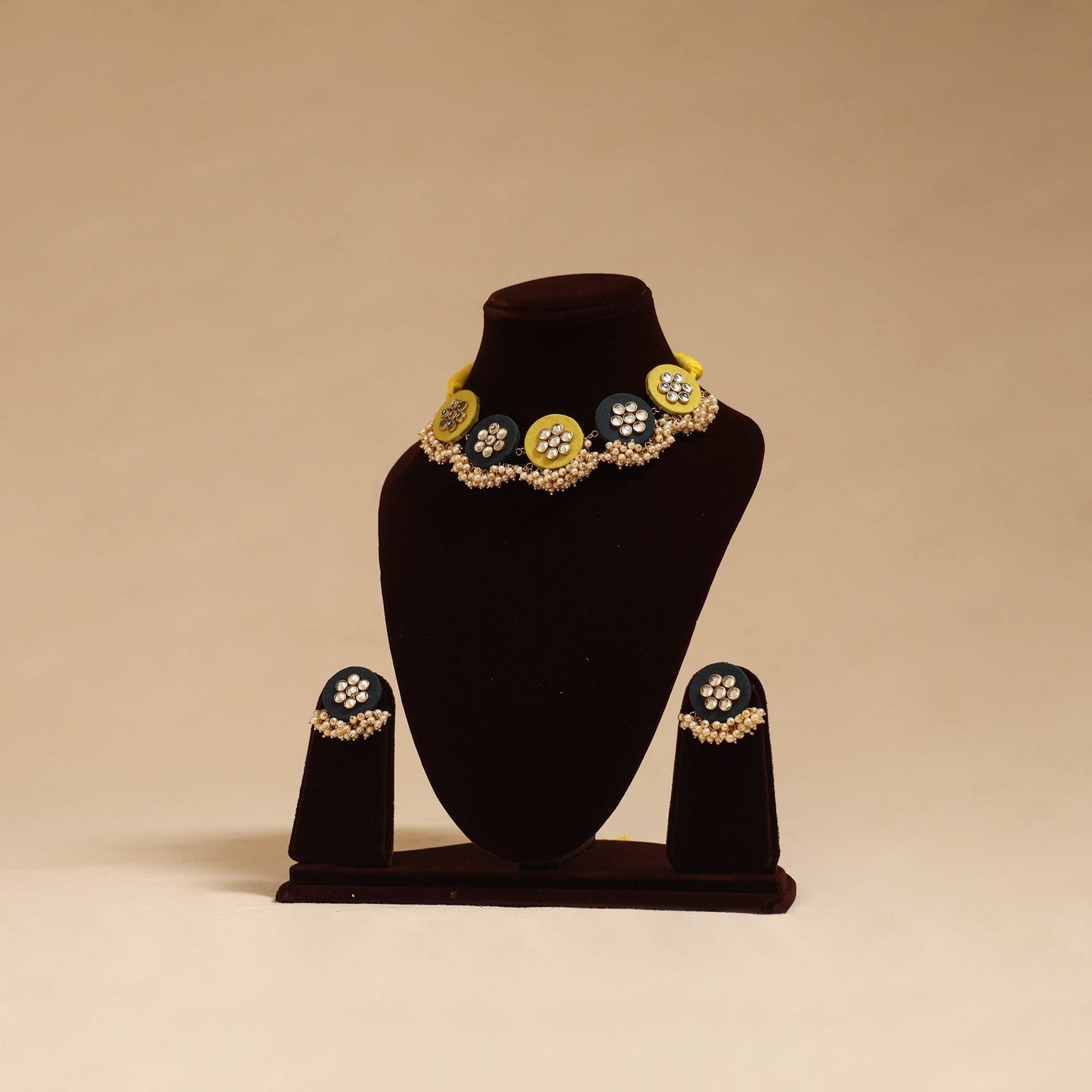 Handmade fabart choker necklace set with kundan & beads 06