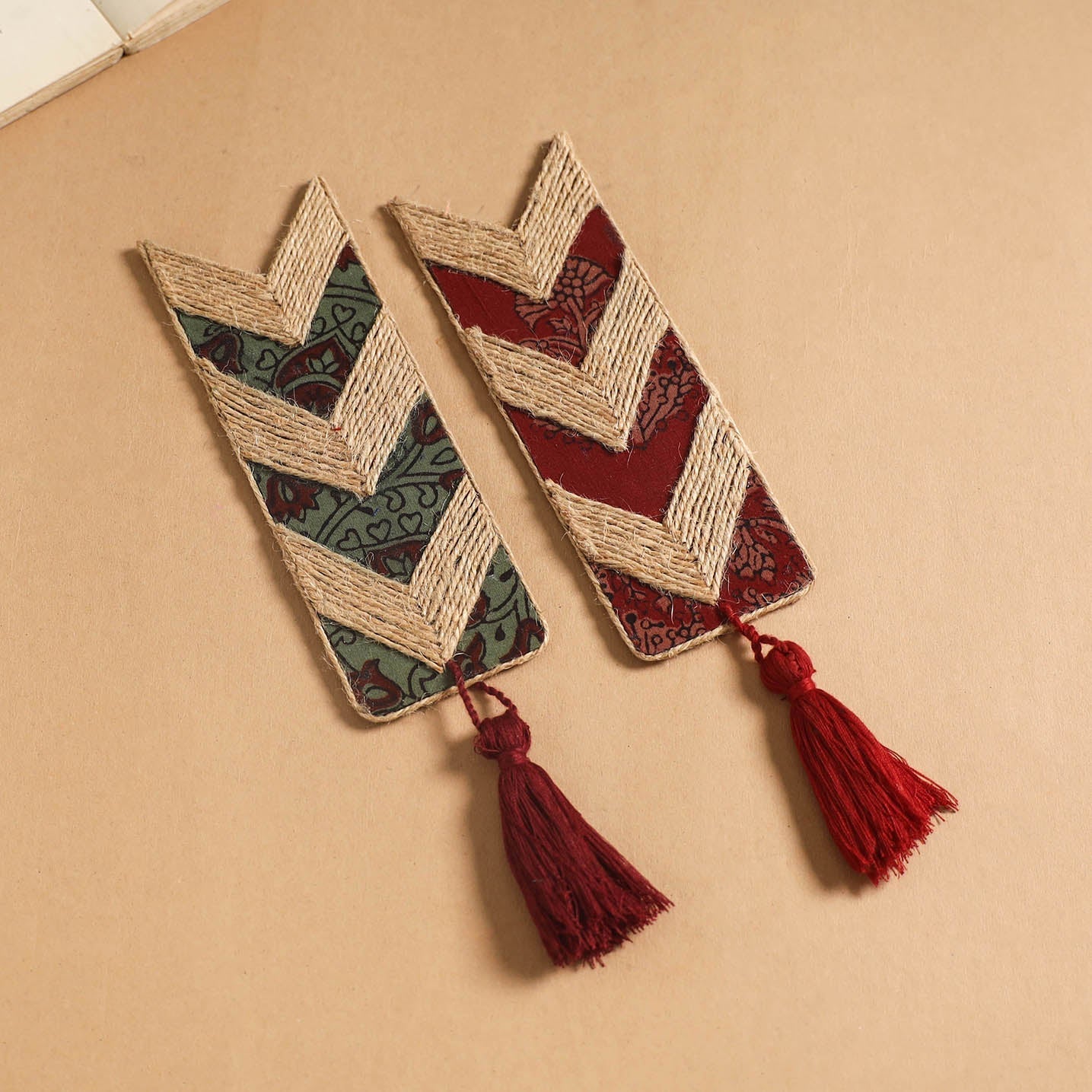 Handmade jute fabric bookmark with tassel (set of 2) 03