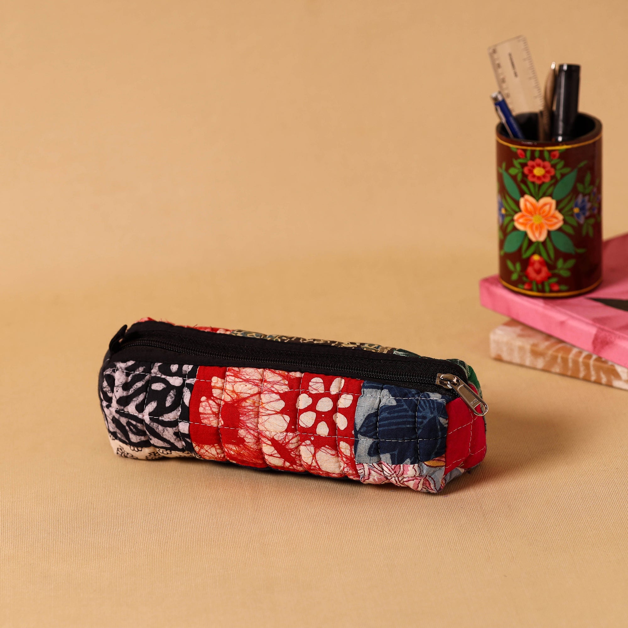 Multicolor Handmade Patchwork Quilted Cotton Pencil Pouch