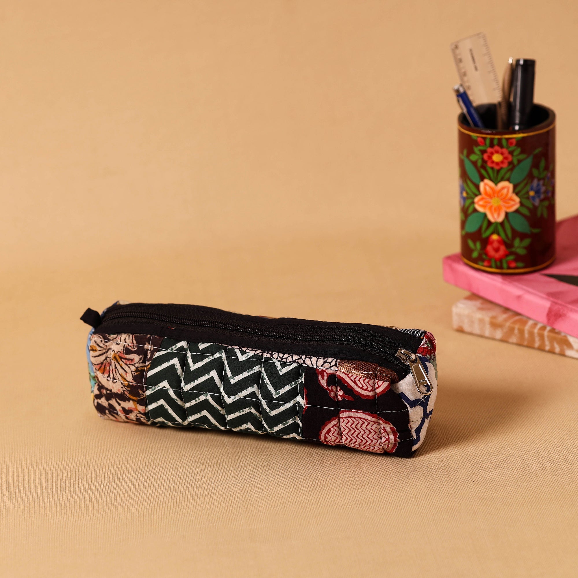 Multicolor Handmade Patchwork Quilted Cotton Pencil Pouch