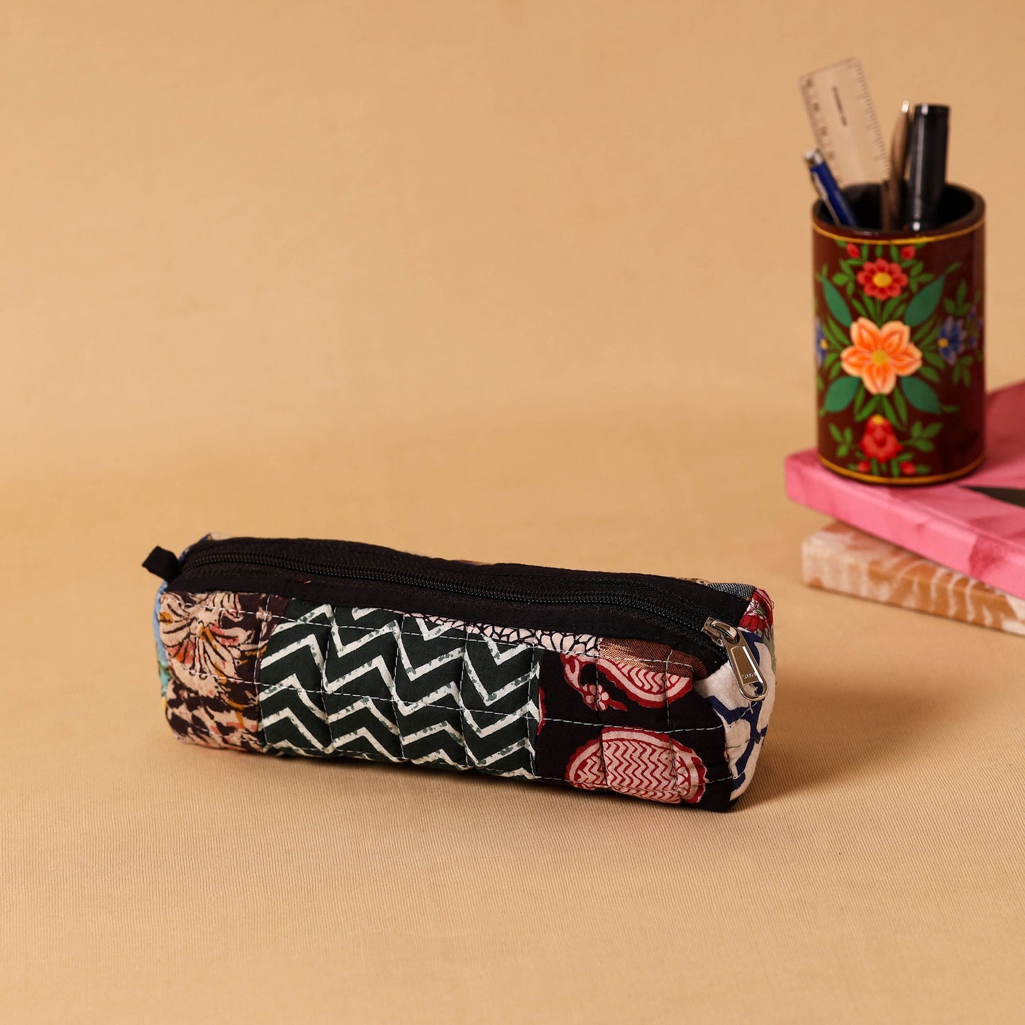 Multicolor Handmade Patchwork Quilted Cotton Pencil Pouch