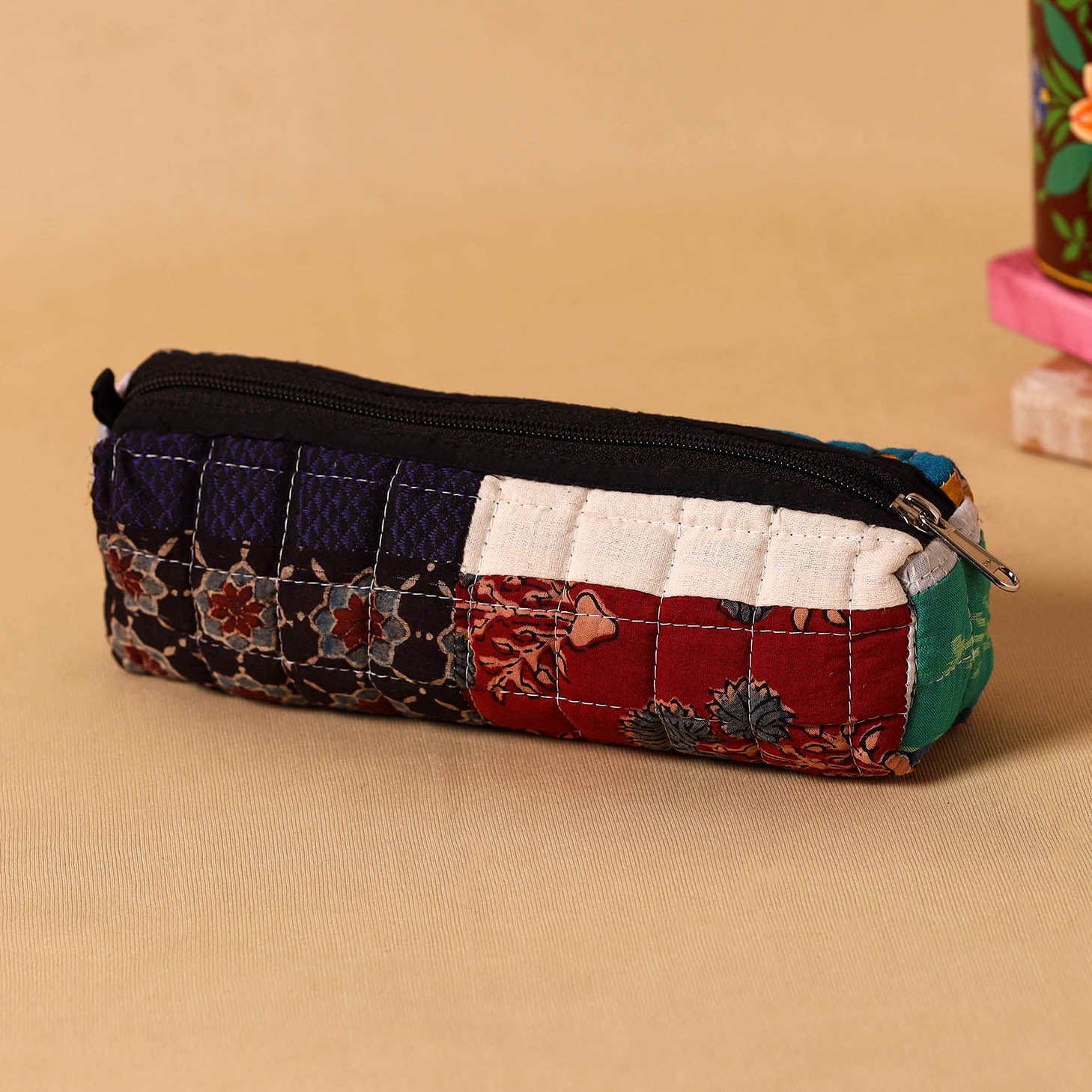 Multicolor Handmade Patchwork Quilted Cotton Pencil Pouch