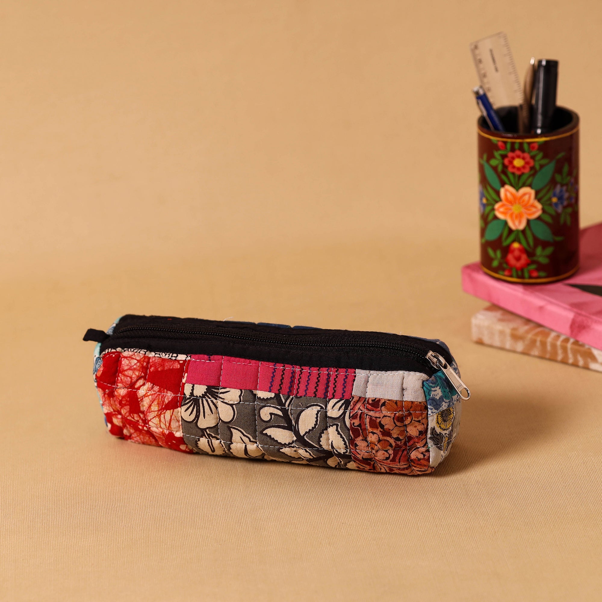 Multicolor Handmade Patchwork Quilted Cotton Pencil Pouch