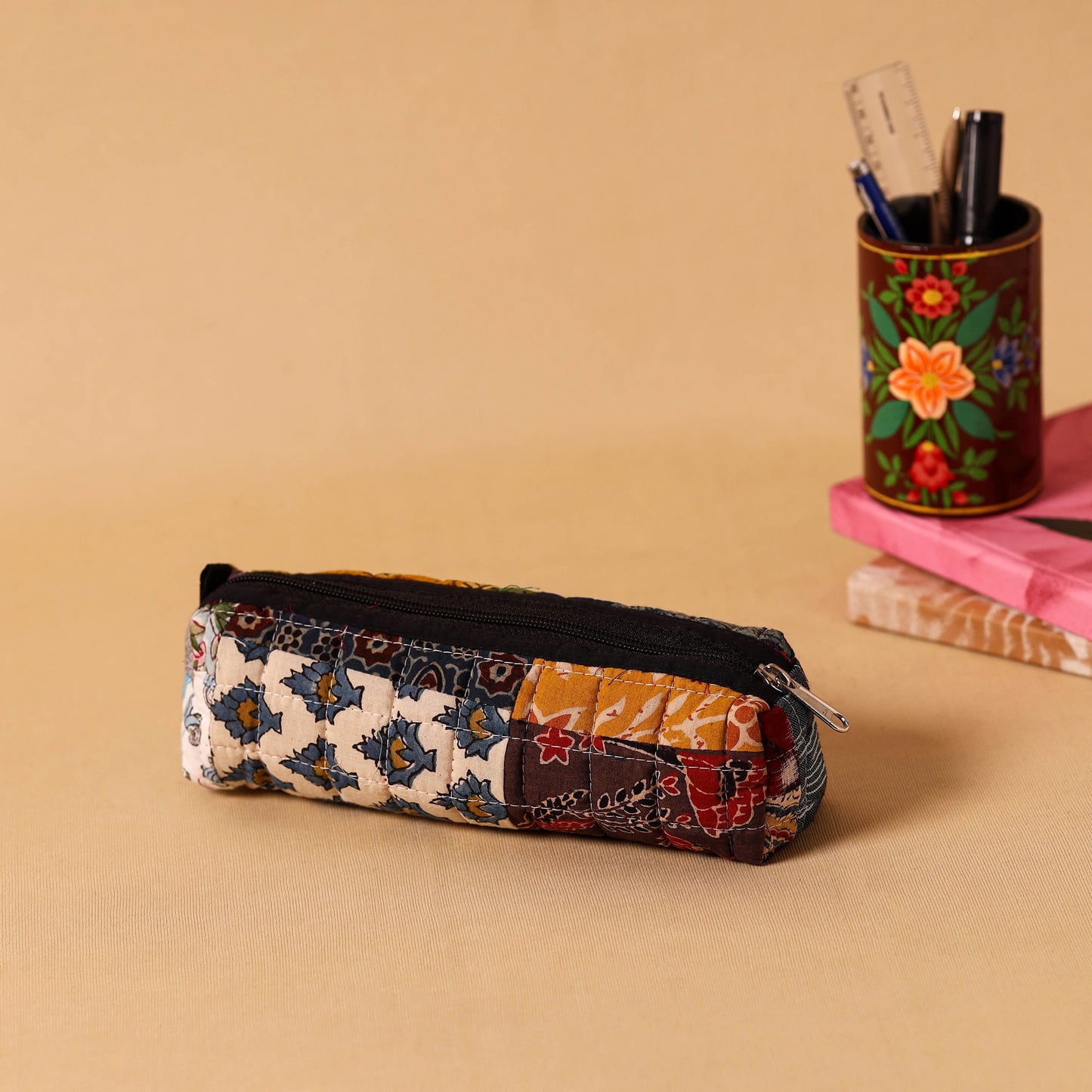 Multicolor Handmade Patchwork Quilted Cotton Pencil Pouch