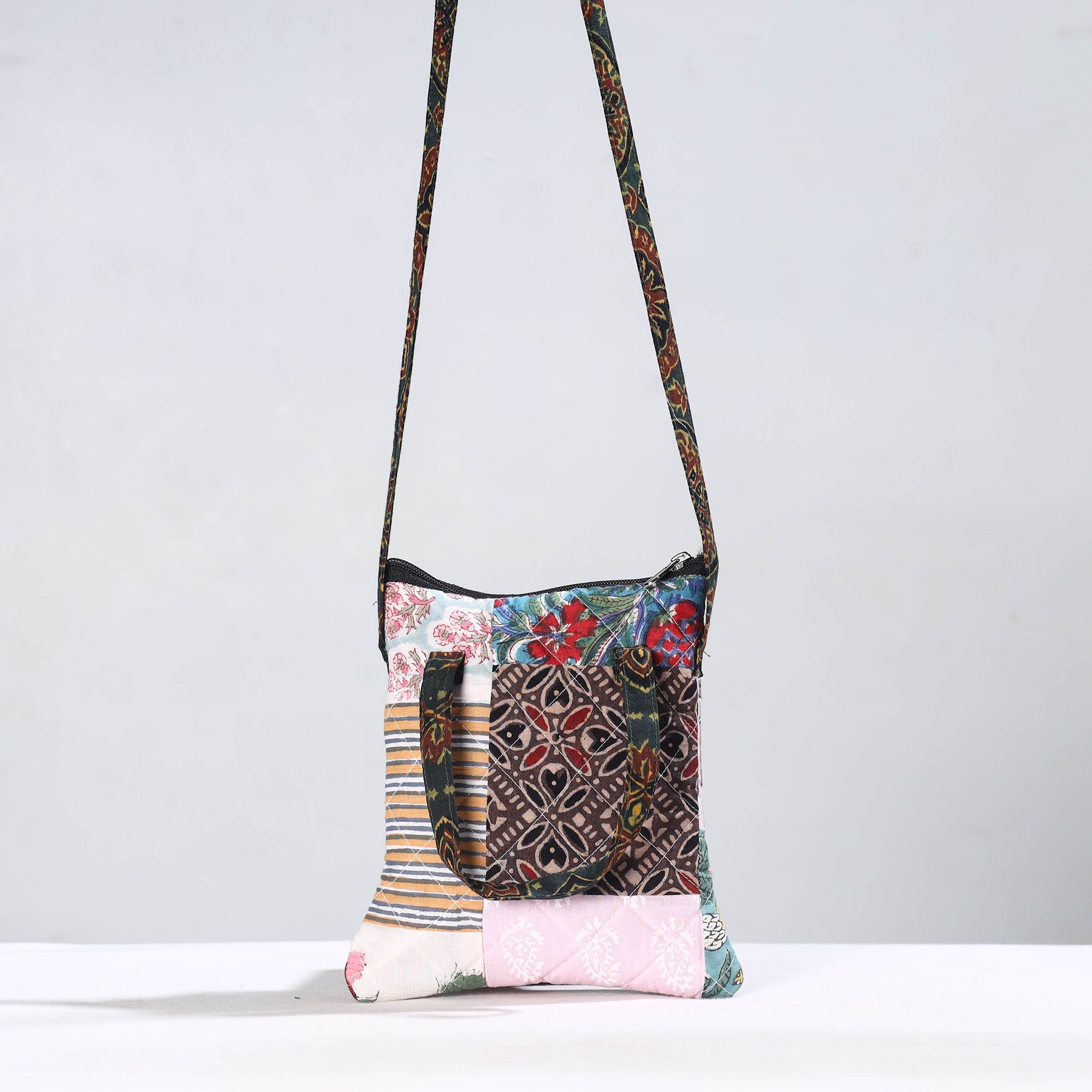 Multicolor Handmade Quilted Cotton Patchwork Sling Bag 