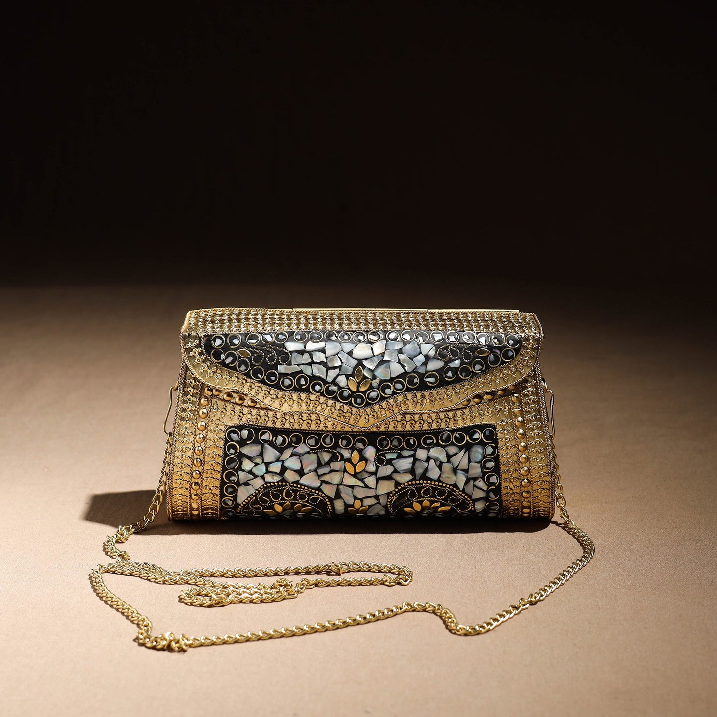 Multicolor Handmade Vintage Metal & Mosaic Stone Clutch / Sling Bag