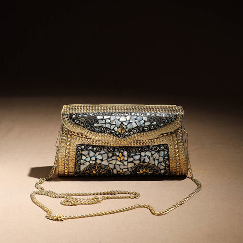 Multicolor Handmade Vintage Metal & Mosaic Stone Clutch / Sling Bag