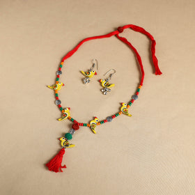 Yellow Handmade Wooden Bird Beaded Necklace Set