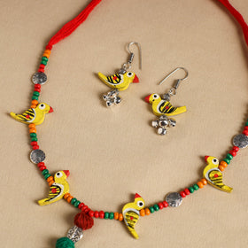 Yellow Handmade Wooden Bird Beaded Necklace Set