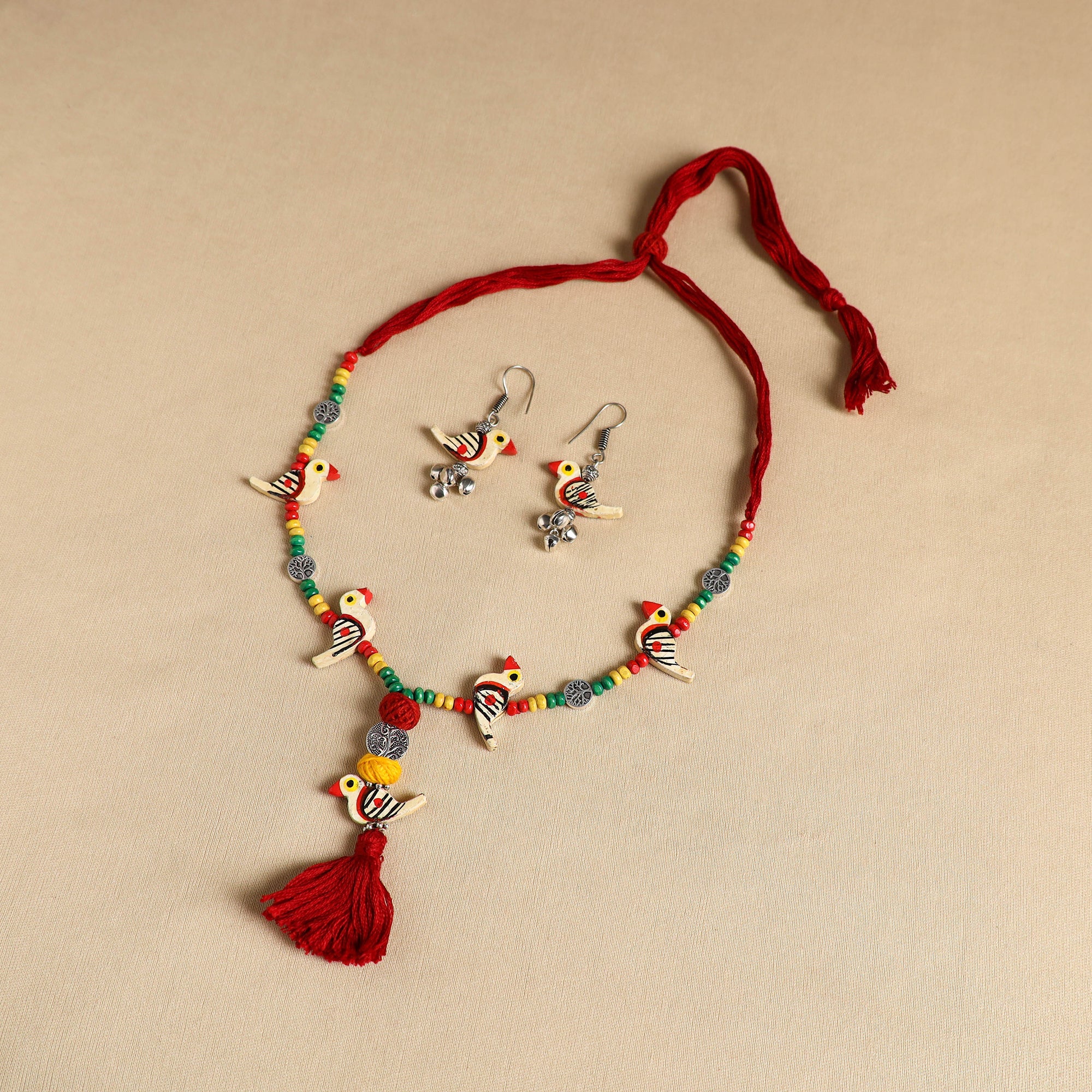 Yellow Handmade Wooden Bird Beaded Necklace Set