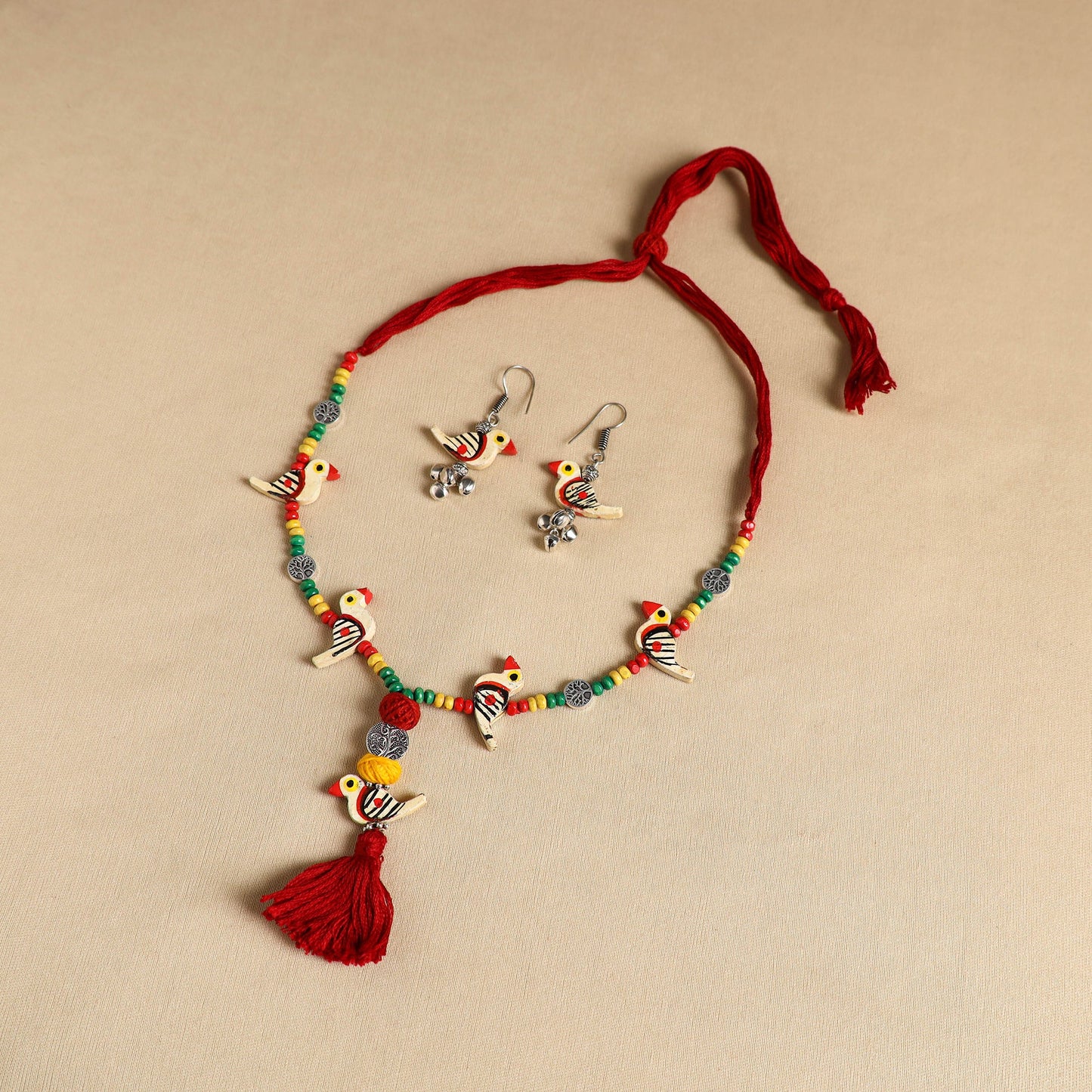 Yellow Handmade Wooden Bird Beaded Necklace Set