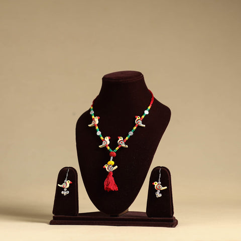 Yellow Handmade Wooden Bird Beaded Necklace Set