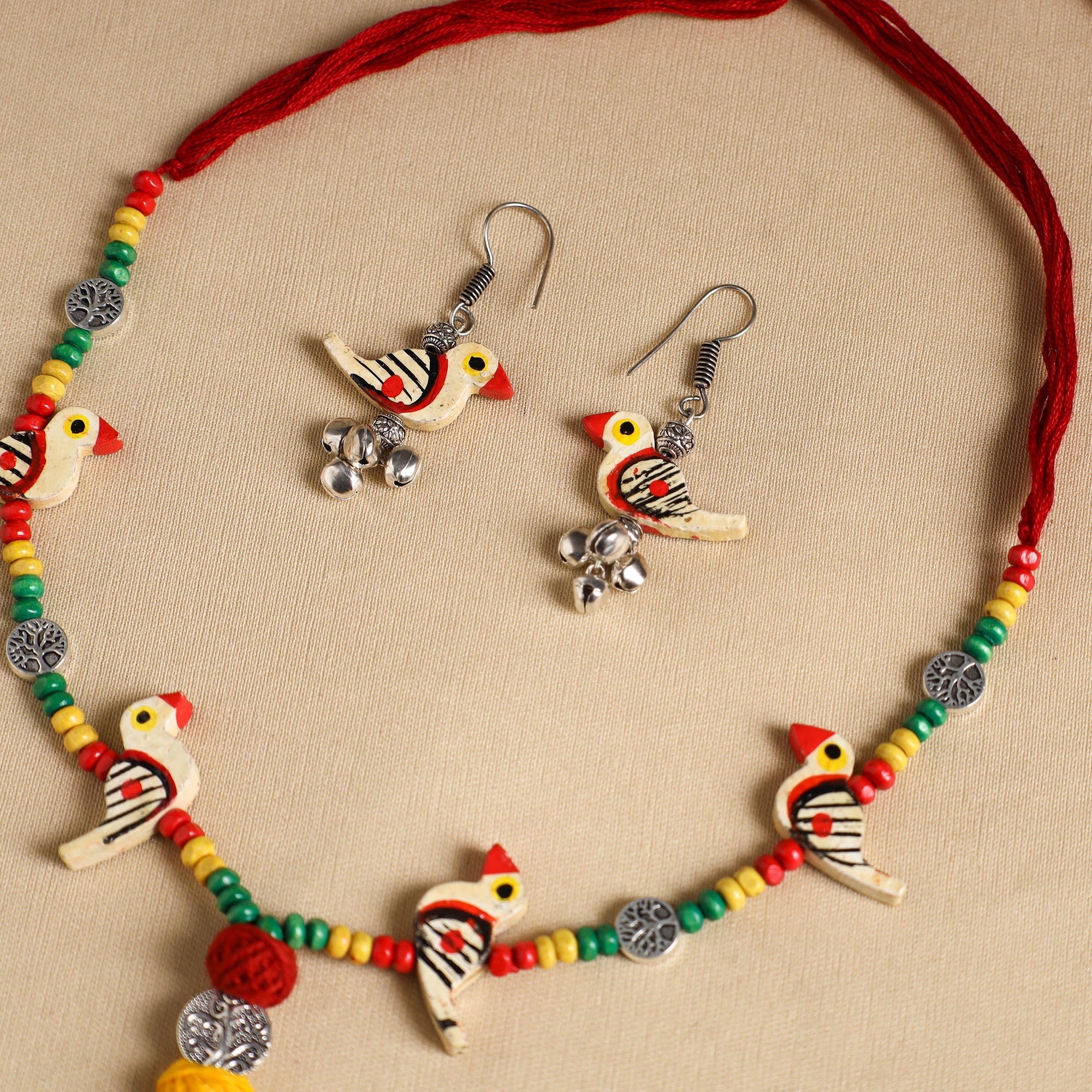 Yellow Handmade Wooden Bird Beaded Necklace Set