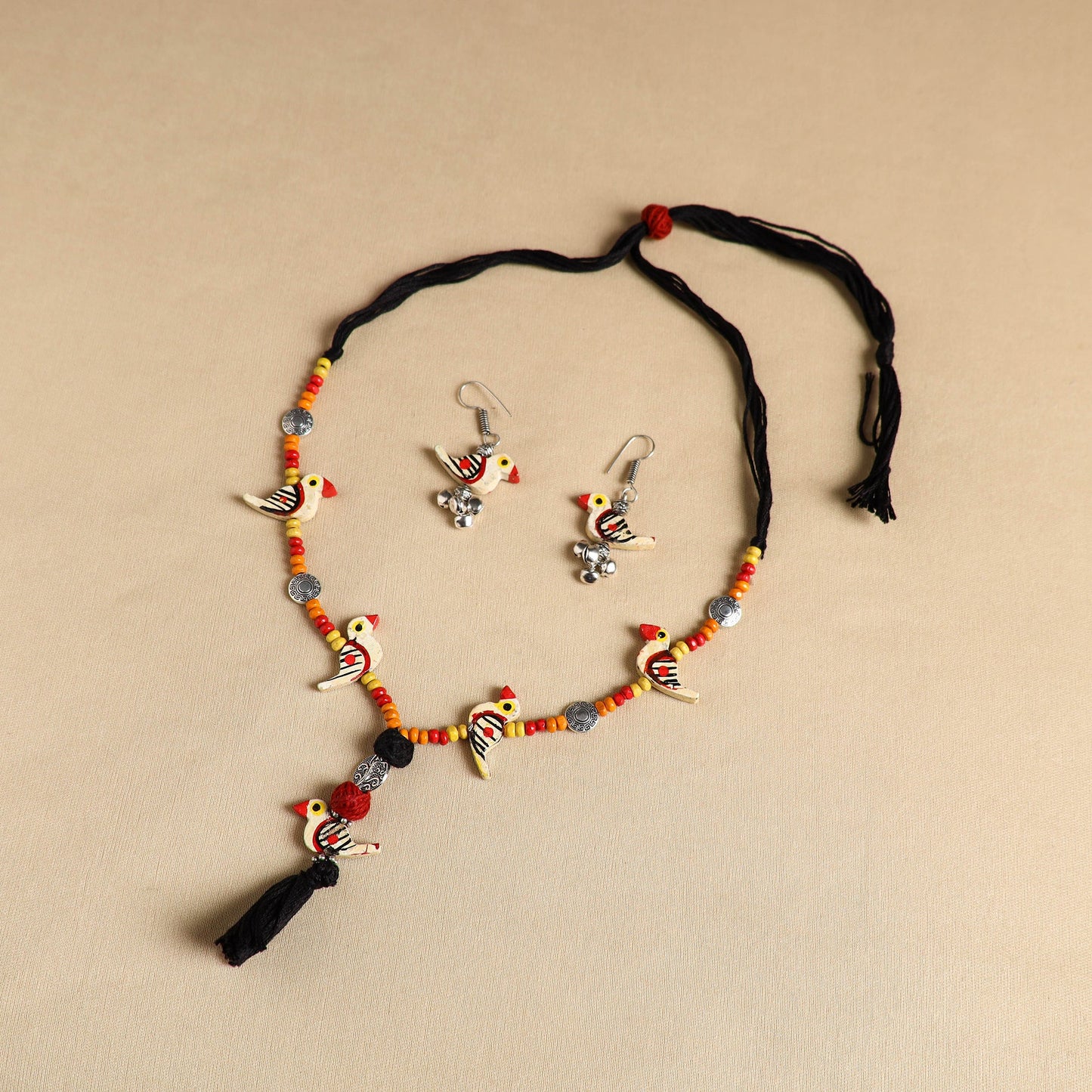 Yellow Handmade Wooden Bird Beaded Necklace Set