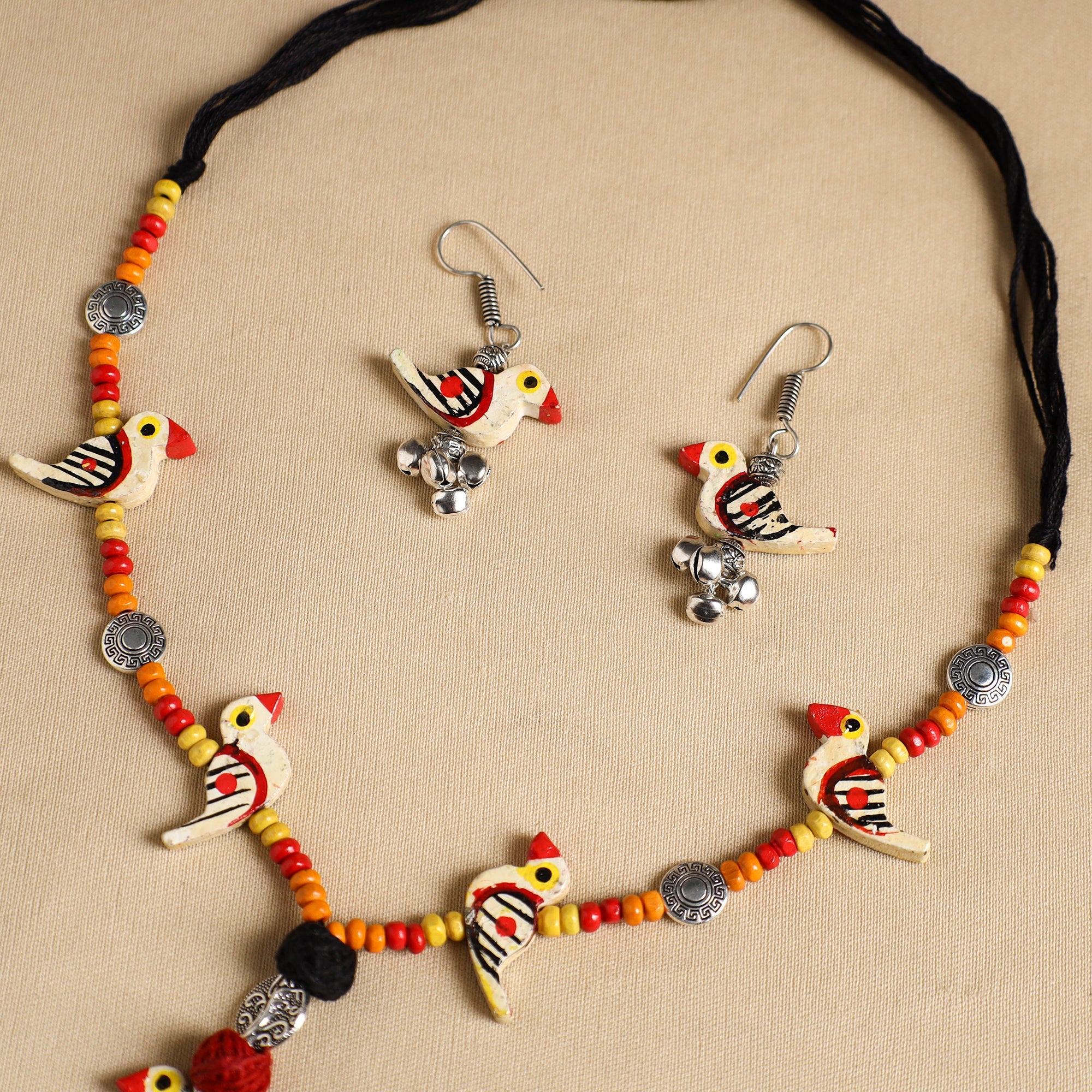 Yellow Handmade Wooden Bird Beaded Necklace Set