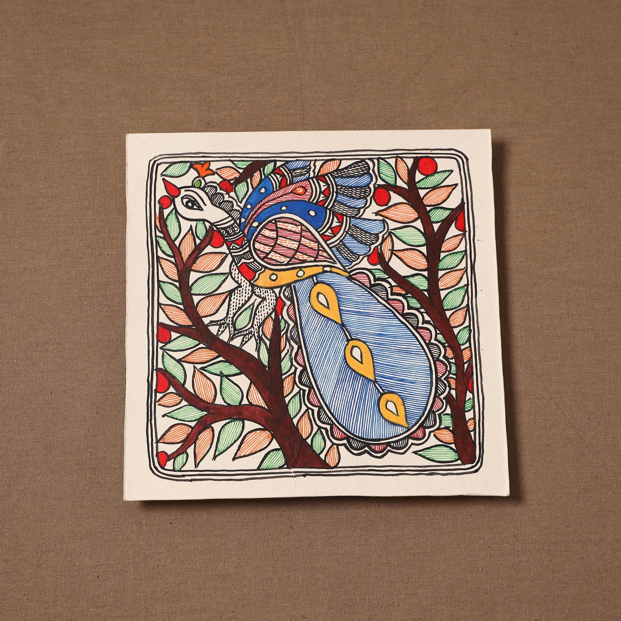 Handpainted madhubani painting by hira devi (7 x 7 in) 169