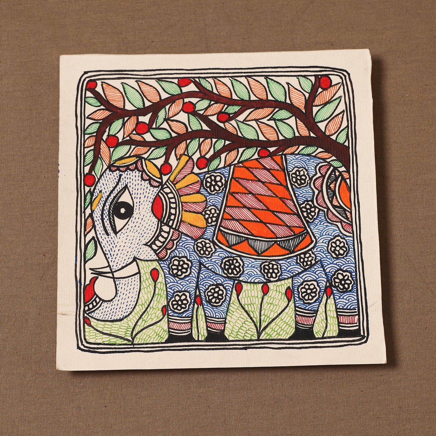 Handpainted madhubani painting by hira devi (7 x 7 in) 172