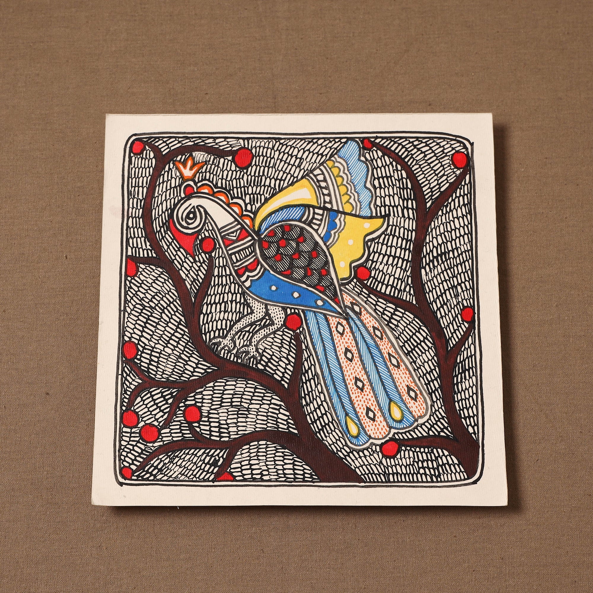 Handpainted madhubani painting by hira devi (7 x 7 in) 175