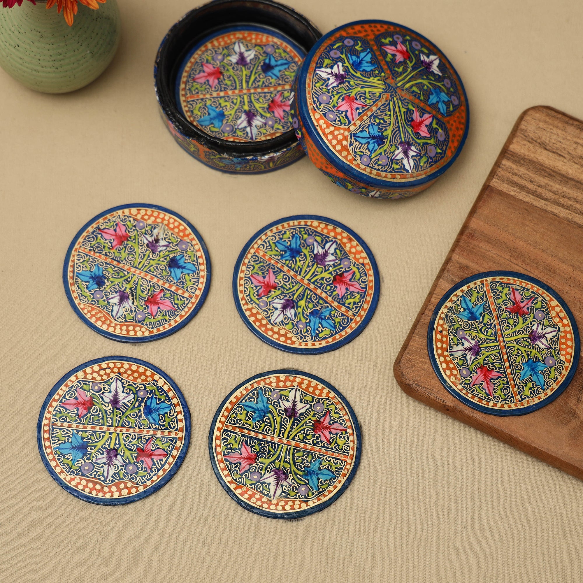 Multicolor - handpainted paper mache coaster with box (set
