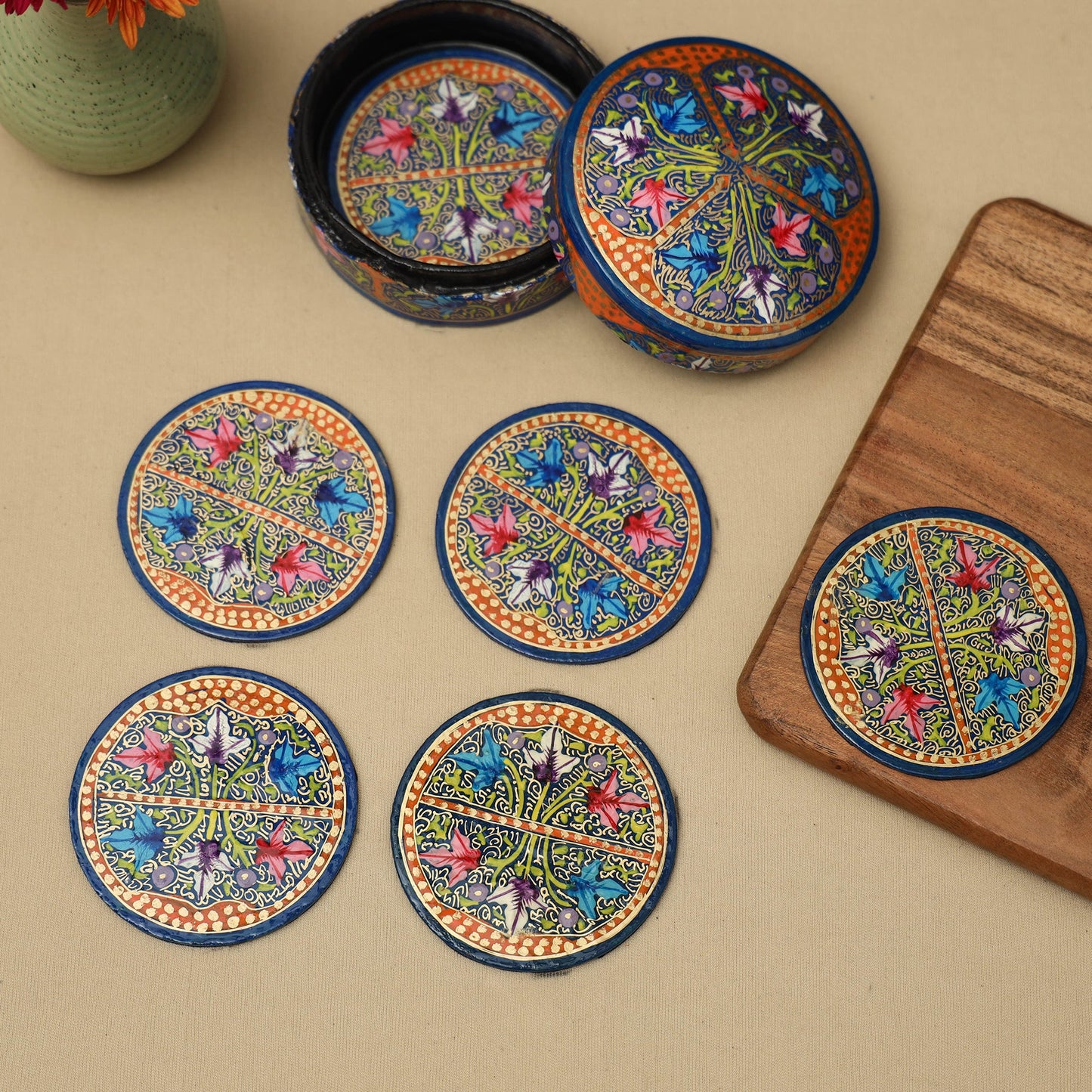 Multicolor - handpainted paper mache coaster with box (set