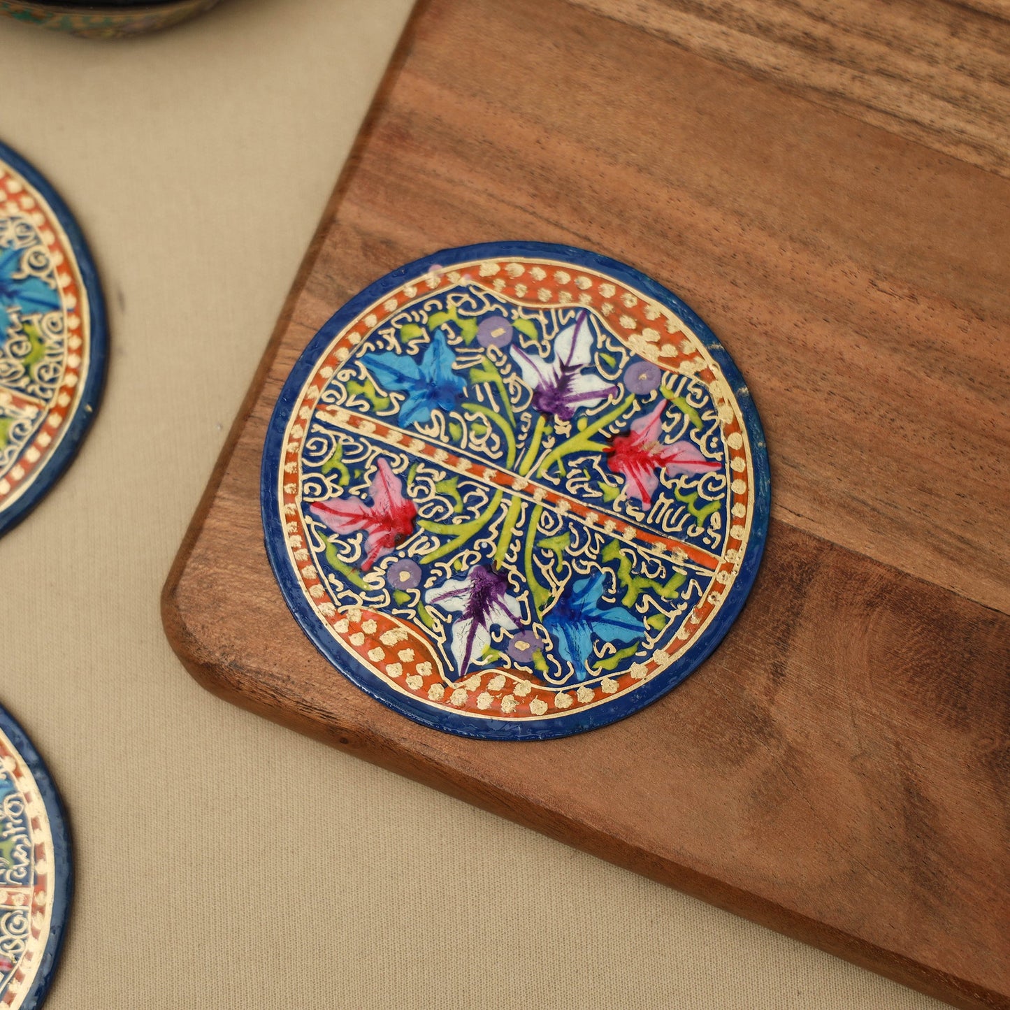 Multicolor - handpainted paper mache coaster with box (set