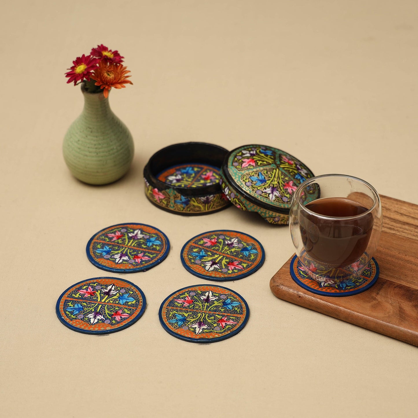Multicolor - handpainted paper mache coaster with box (set