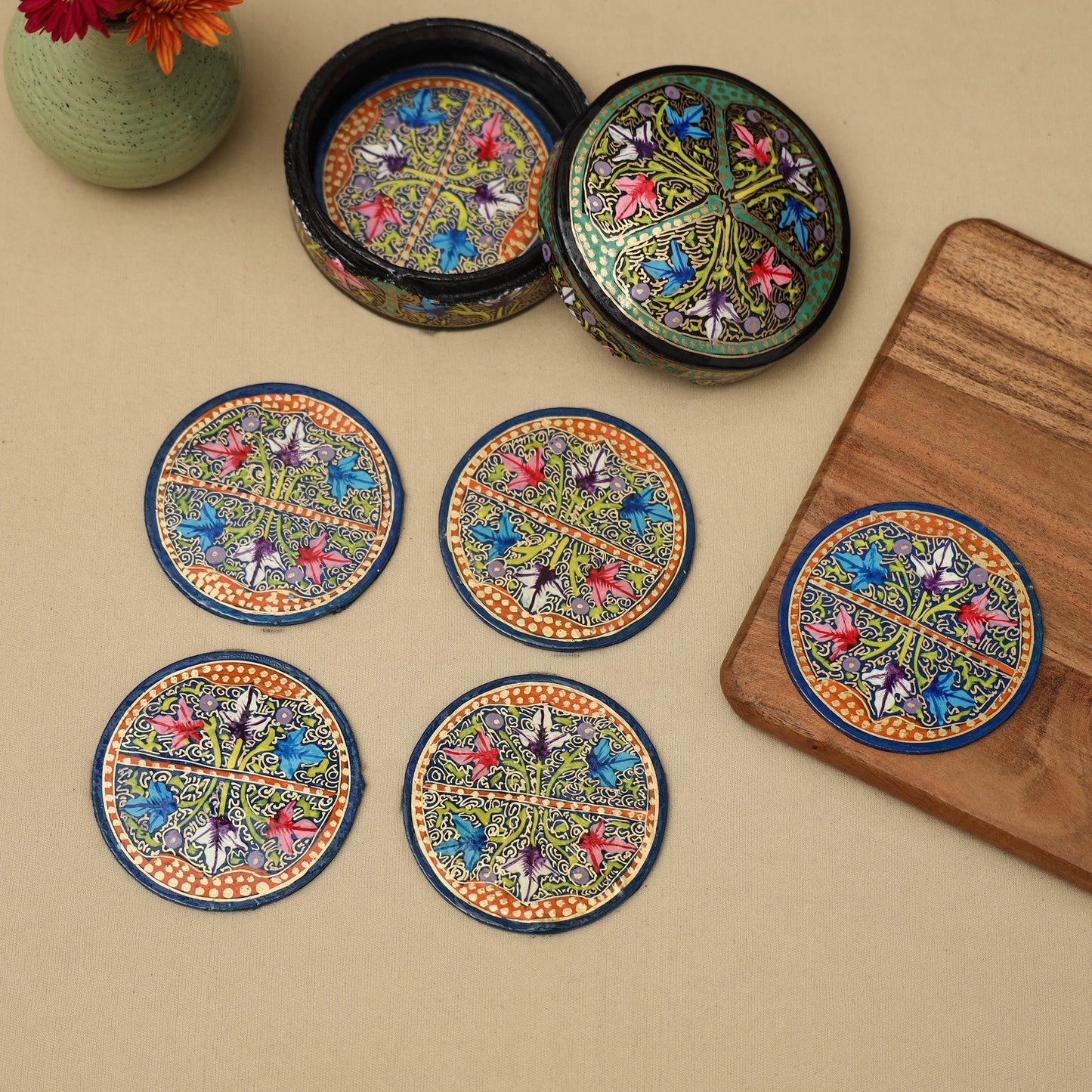 Multicolor - handpainted paper mache coaster with box (set